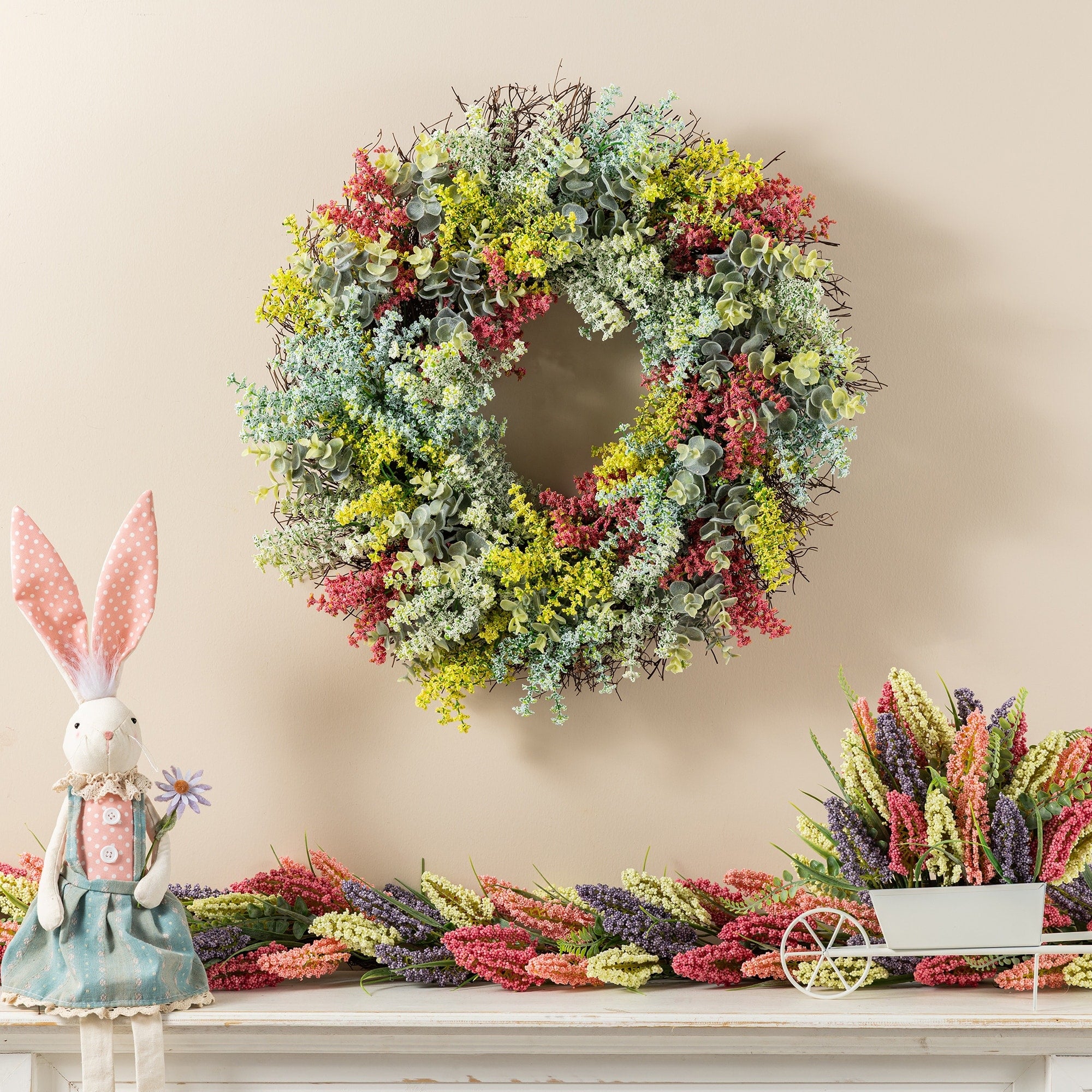 Glitzhome 24 D Mixed Floral Eucalyptus Wreath Includes A Complimentary Black Metal Wreath Hanger