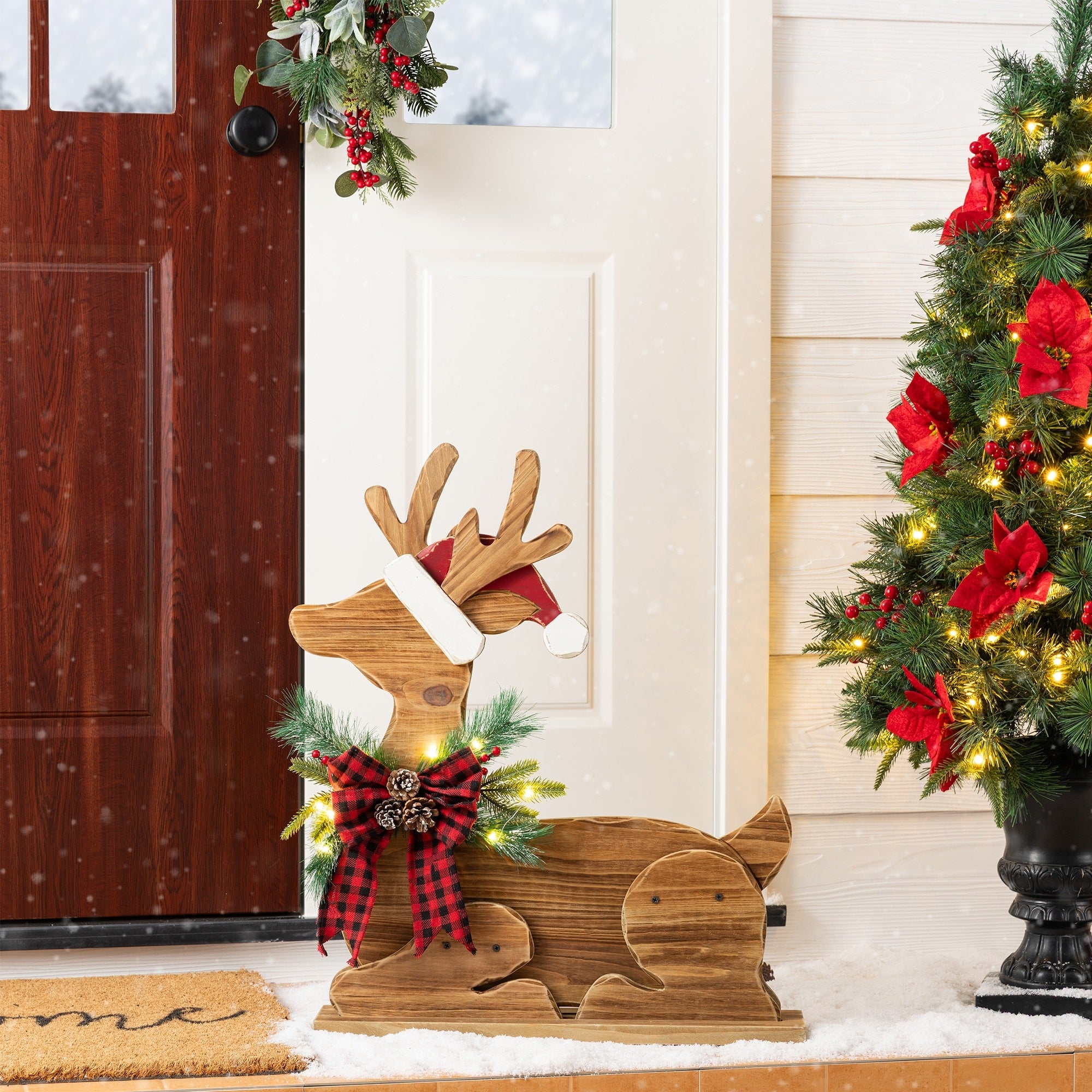 Glitzhome 25.75 H Christmas Chunky Wood Reindeer Porch Decor With Timer 27.75H