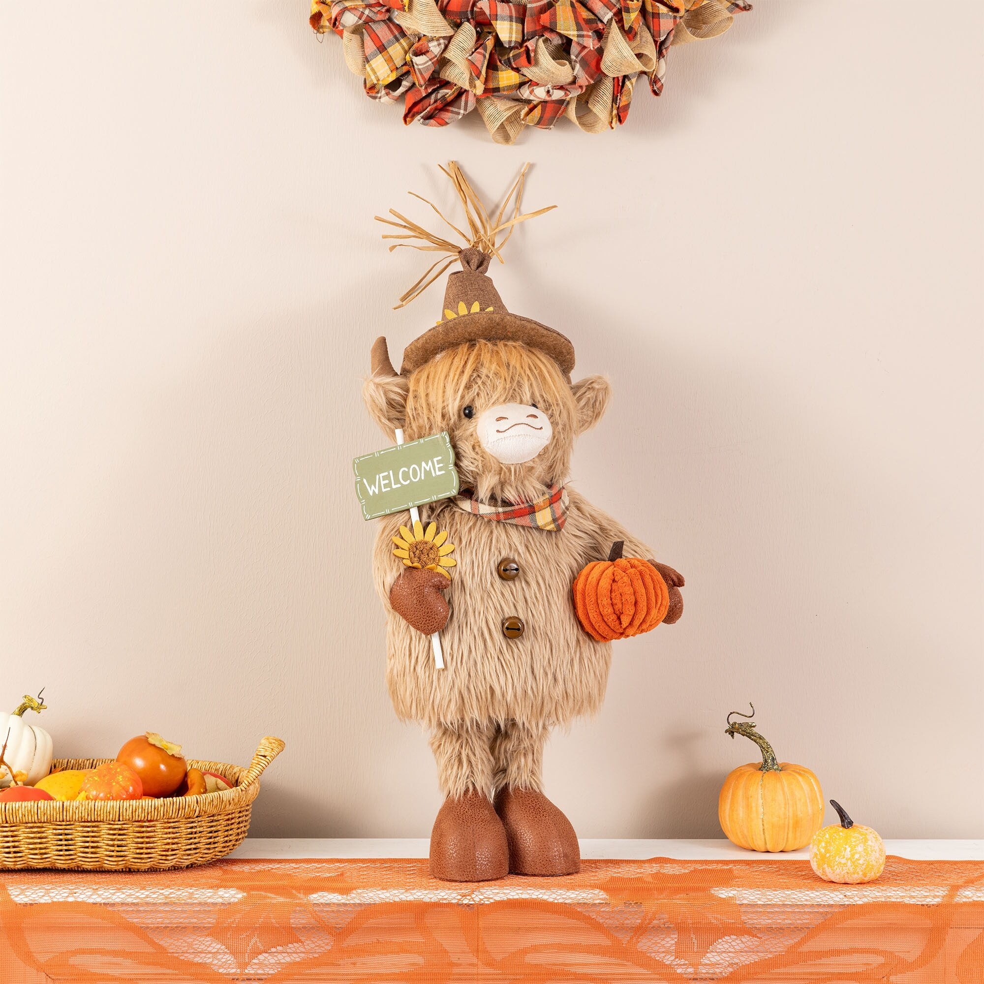 Glitzhome 25 H 35 H Fall Fabric Highland Cow Porch Decor With Telescoping Legs