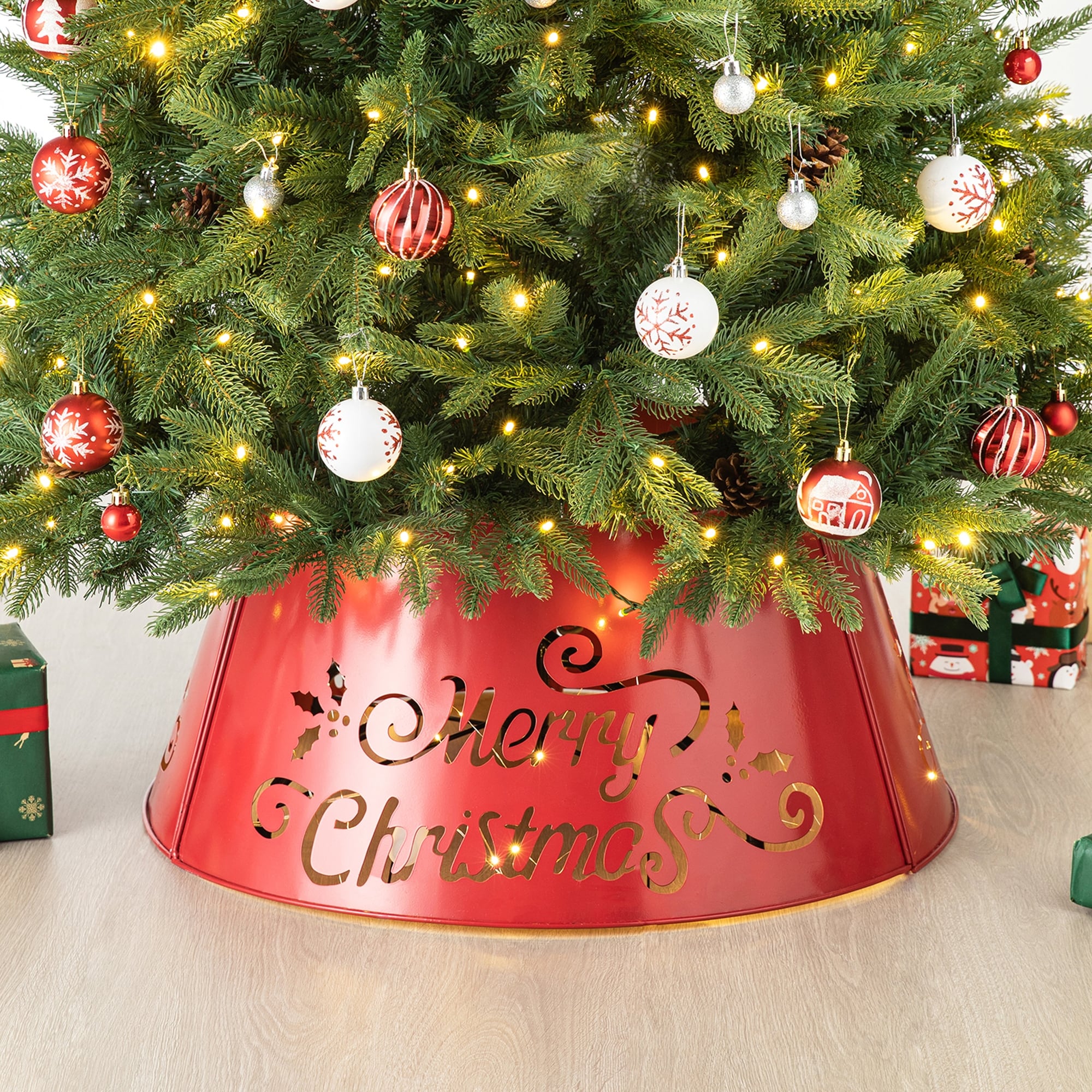 Glitzhome 26 D Merry Christmas Diecut Metal Tree Collar With Light String Merry Christmas