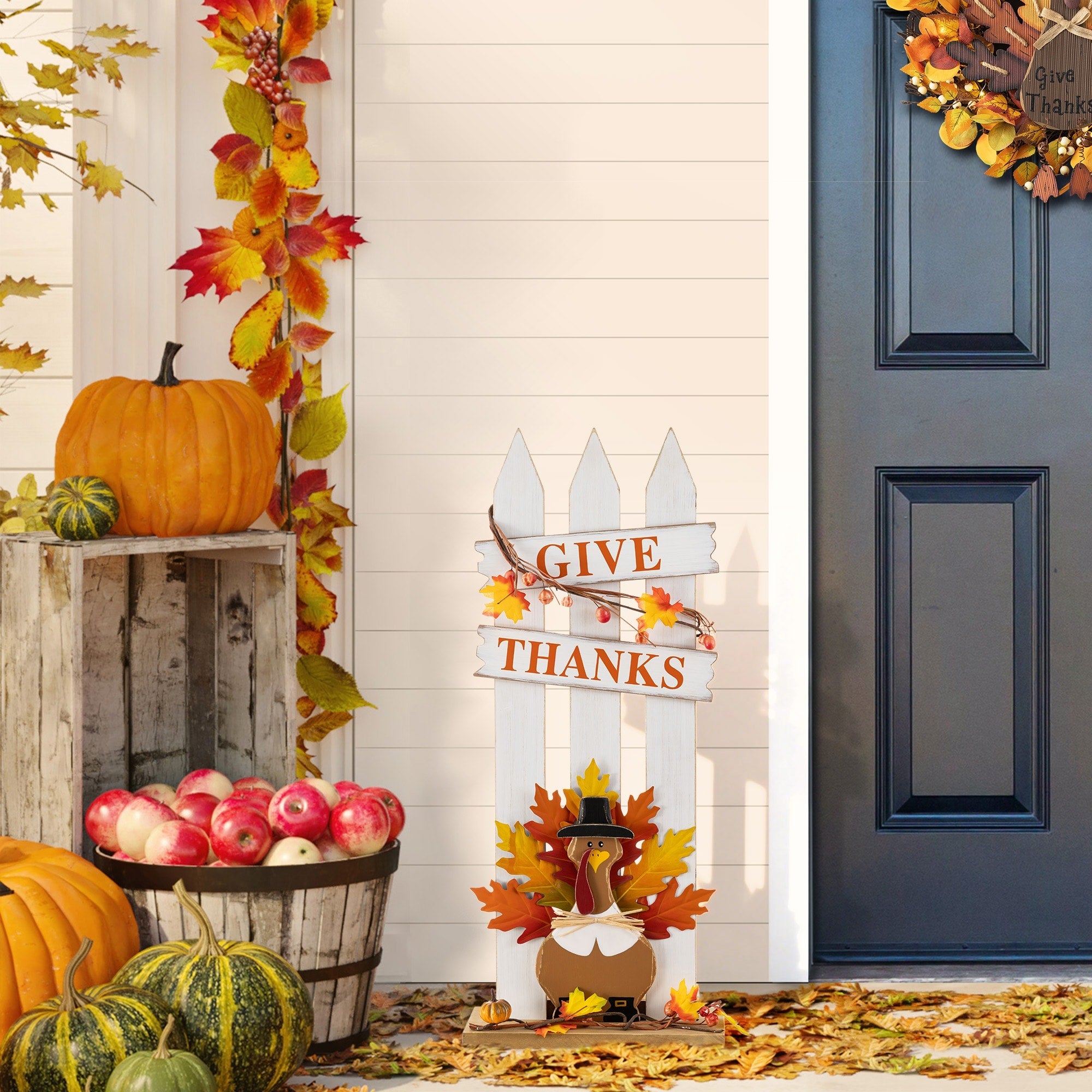 Glitzhome 28 H Thanksgiving Wooden Fence Turkey Porch Decor 28 H