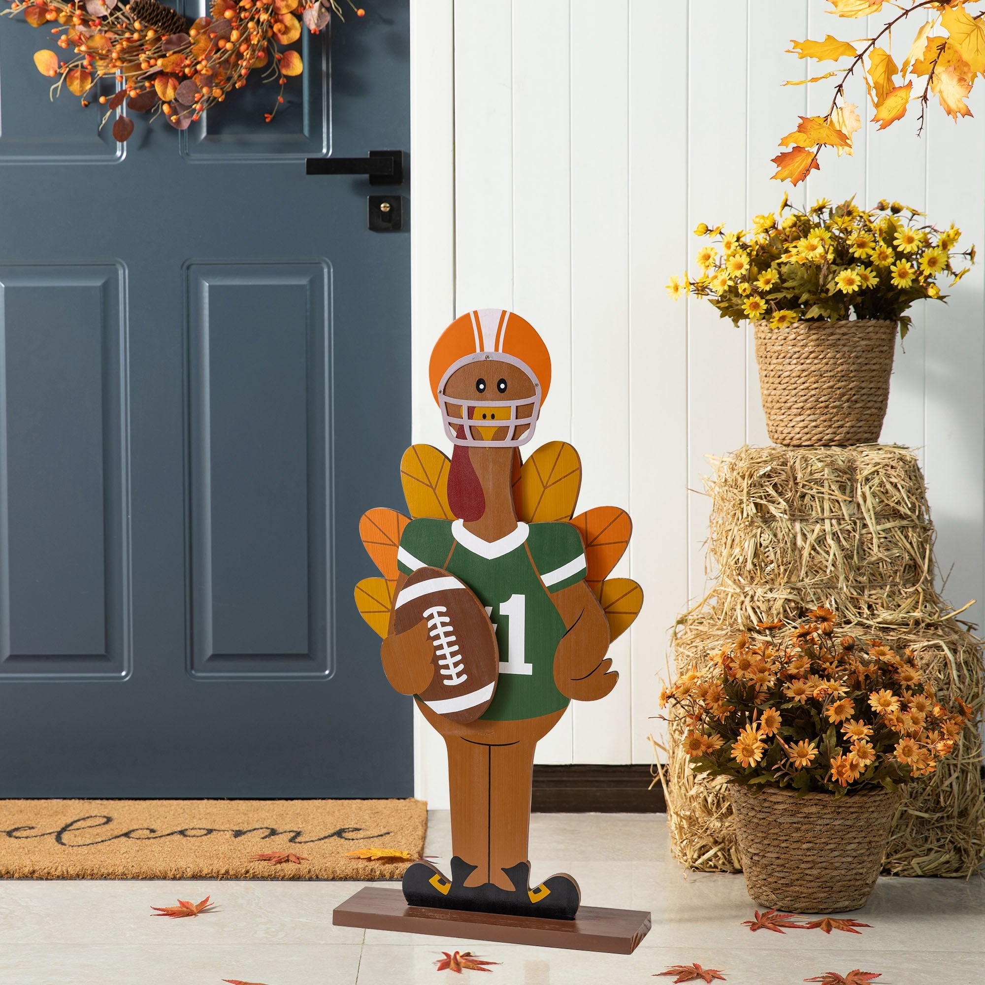 Glitzhome 29.5 H Thanksgiving Wooden Football Turkey Porch Decor
