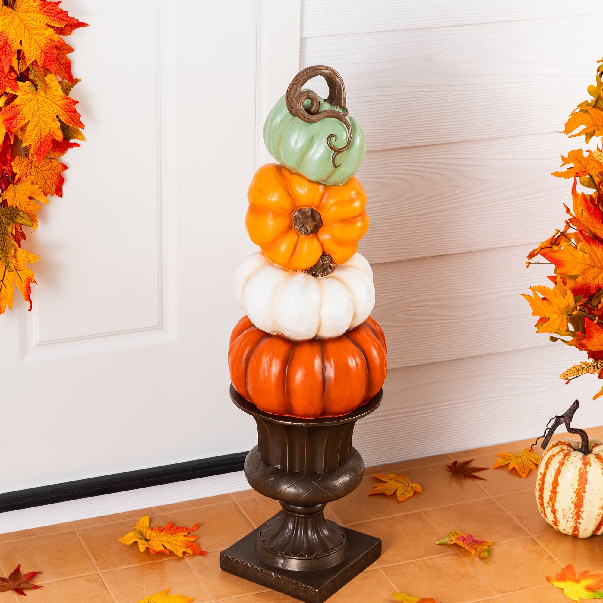 Glitzhome 30.75 H Fall Mgo Stacked Pumpkin With Brown Urn Porch Decor
