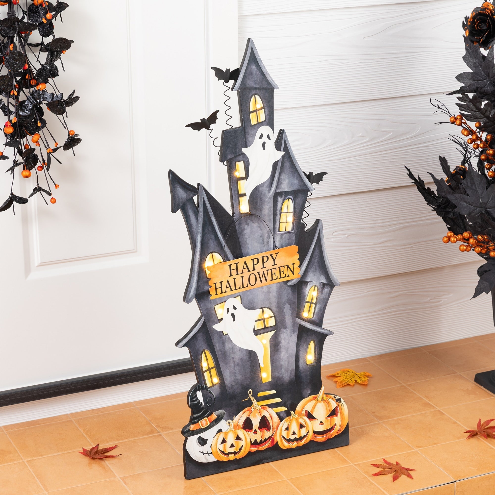 Glitzhome 30 H Halloween Lighted Wooden Haunted House Porch Decor W Timer Kd