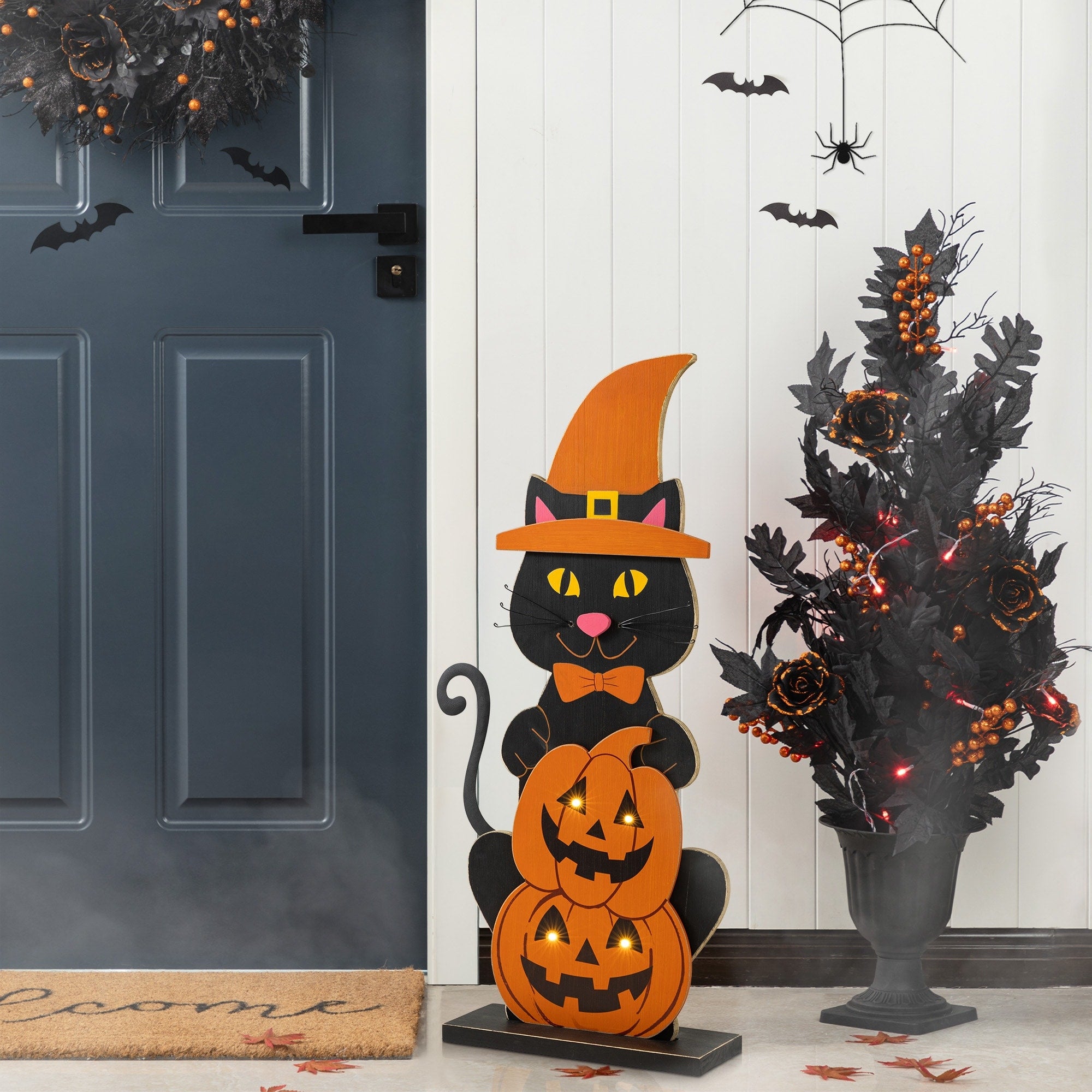 Glitzhome 30 H Halloween Wooden Lighted Witch Cat Porch Decor W Timer