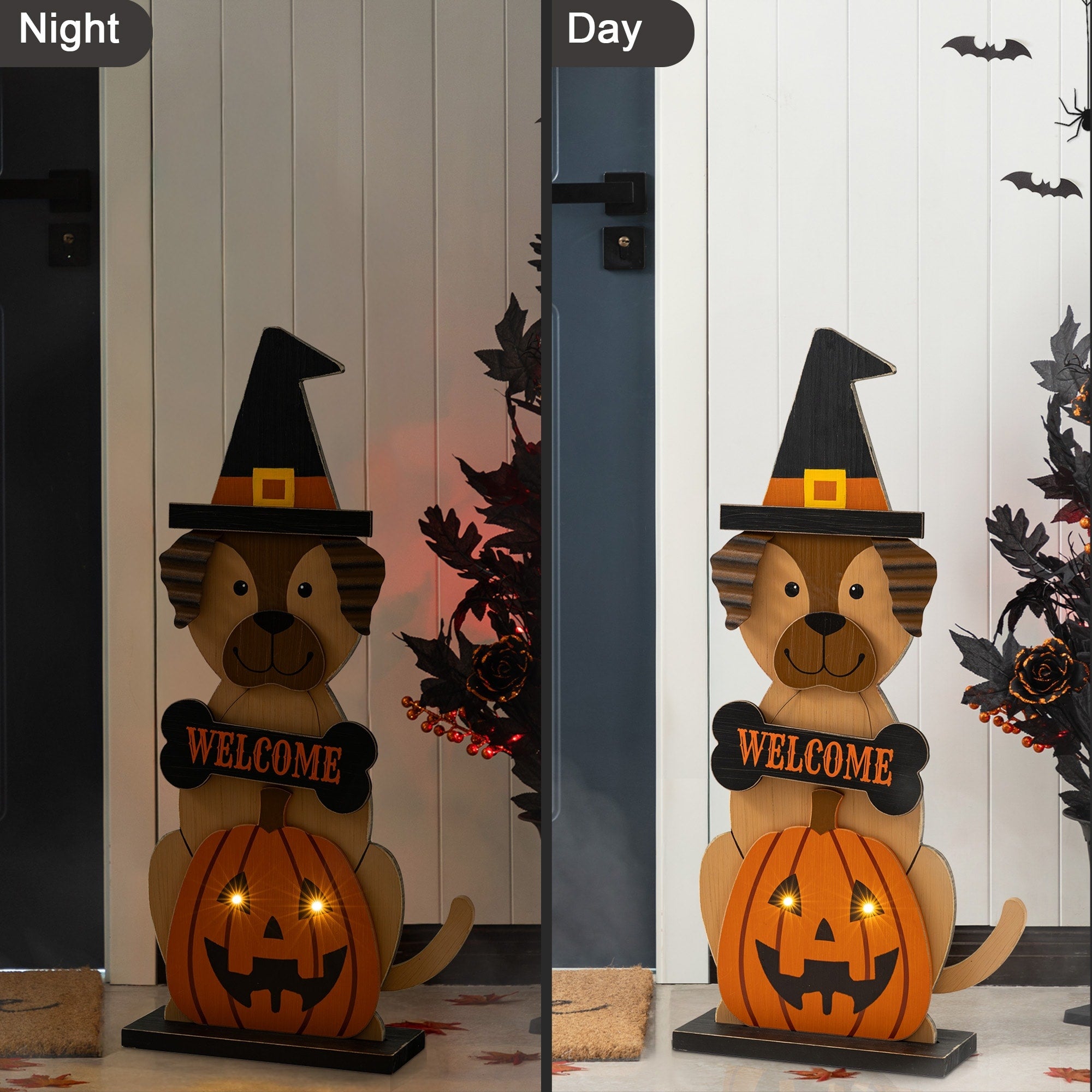 Glitzhome 30 H Halloween Wooden Lighted Witch Dog Porch Decor W Timer