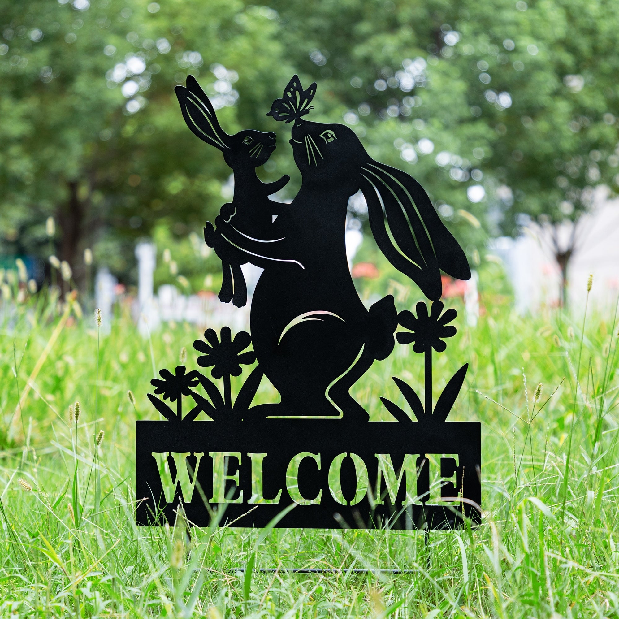 Glitzhome 30 H Multi Functional Metal Rabbit Flower Fairy Silhouette With Welcome Sign Garden Yardstake Wall Decor