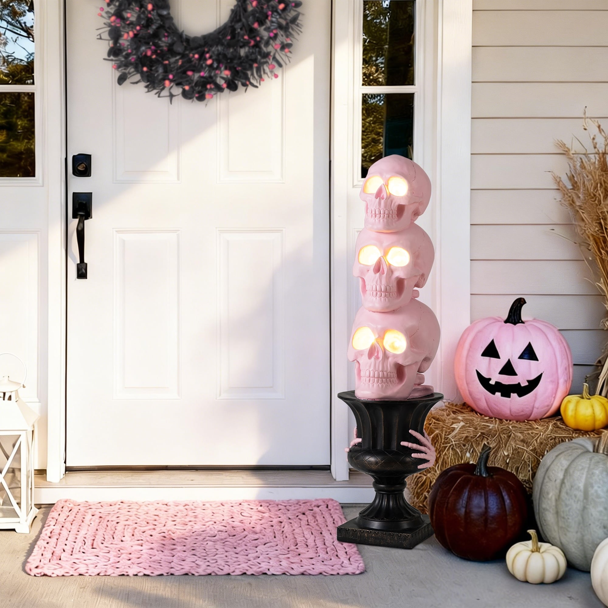 Glitzhome 31.50 H Halloween Mgo Lighted Stacked Pink Skull With Black Urn Porch Decor W Timer