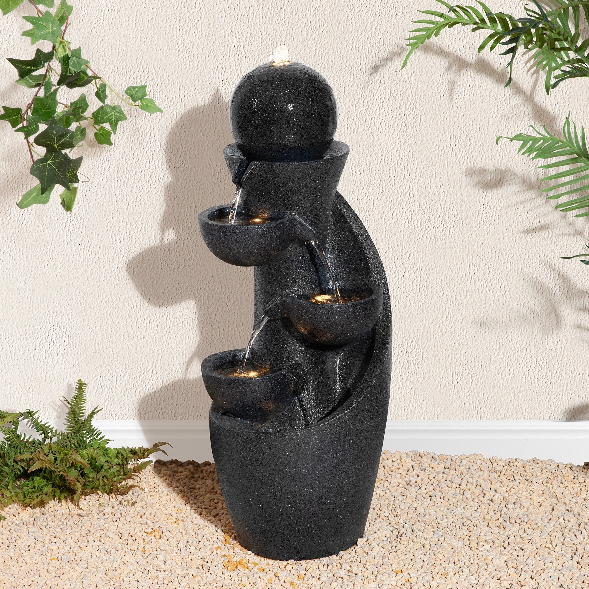 Glitzhome 33.5 H Modern 5 Tier Bowl And Sphere Polyresin Outdoor Fountain With Pump And Led Light