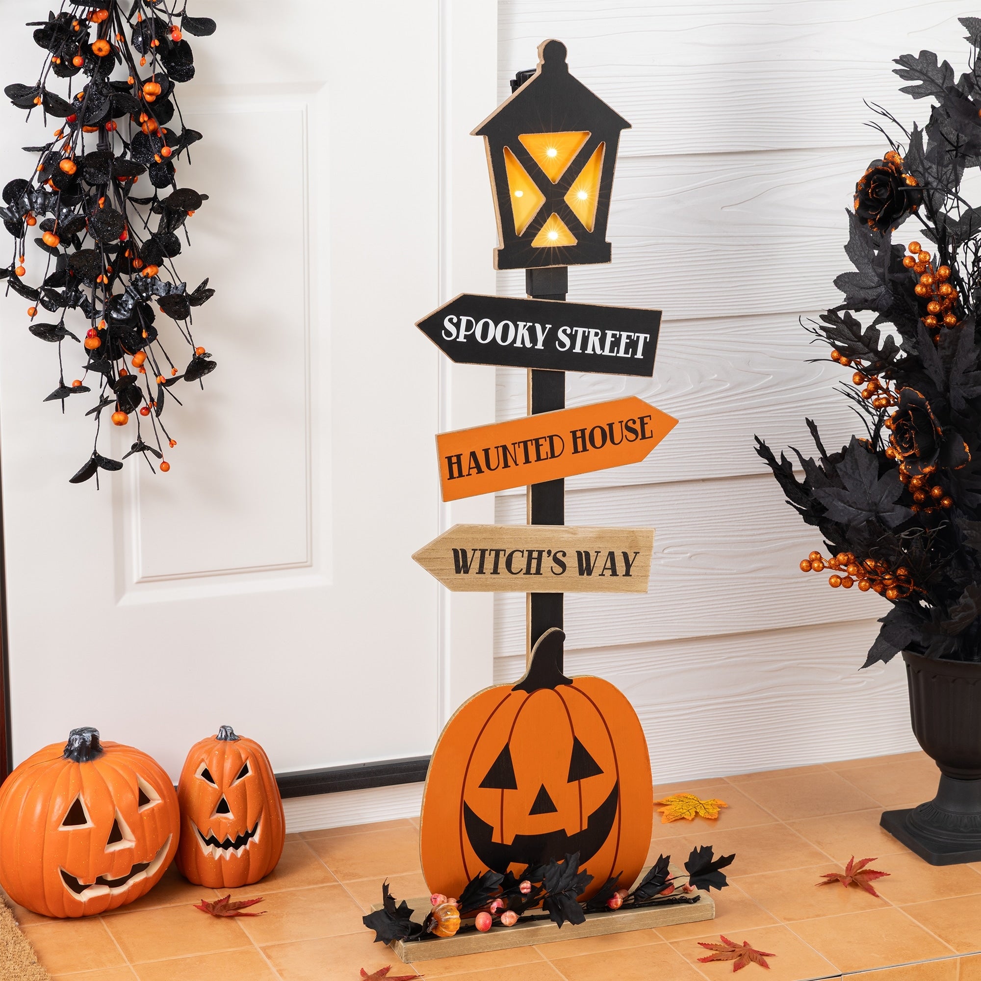 Glitzhome 36 H Halloween Lighted Wooden Jack O Lantern Lamp Post Porch Decor W Timer