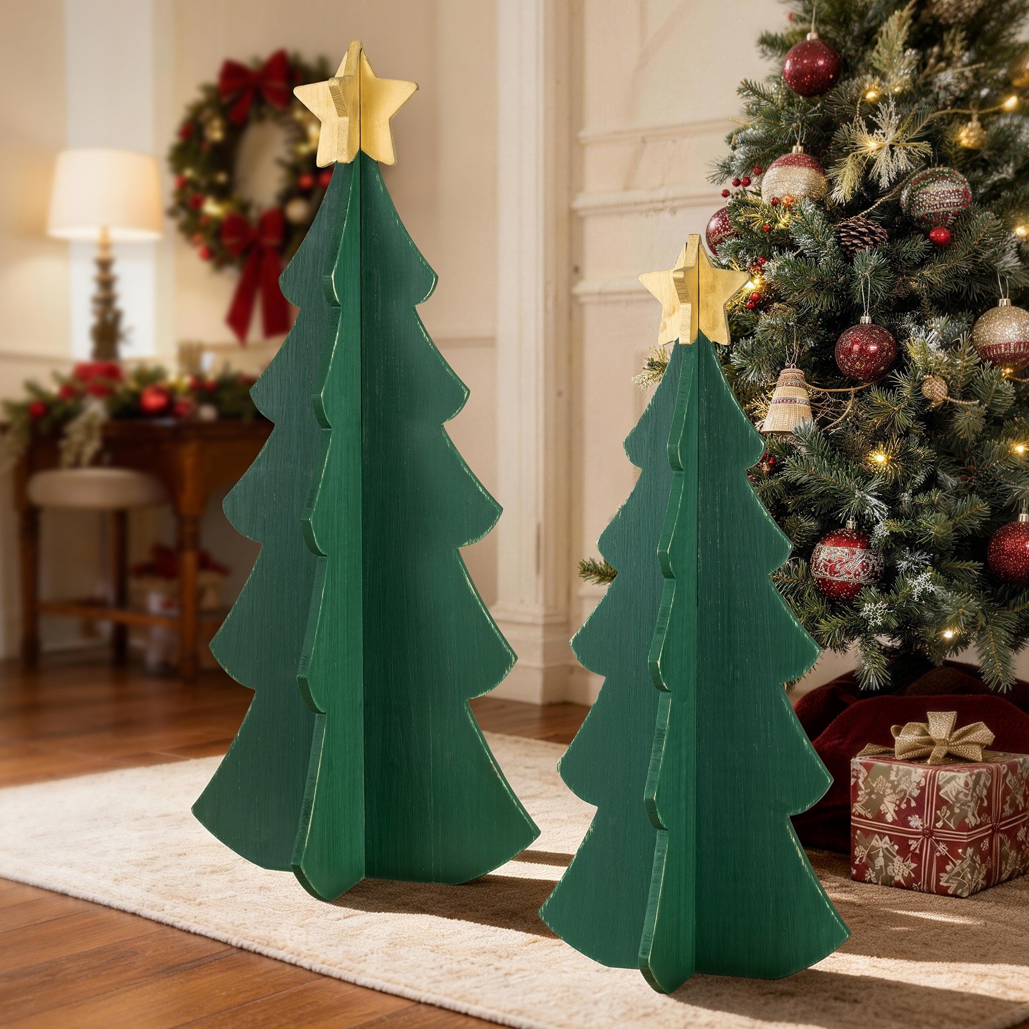 Glitzhome 36H 30H Set Of 2 Wood Interlocking Christmas Trees Porch Decor 36 H
