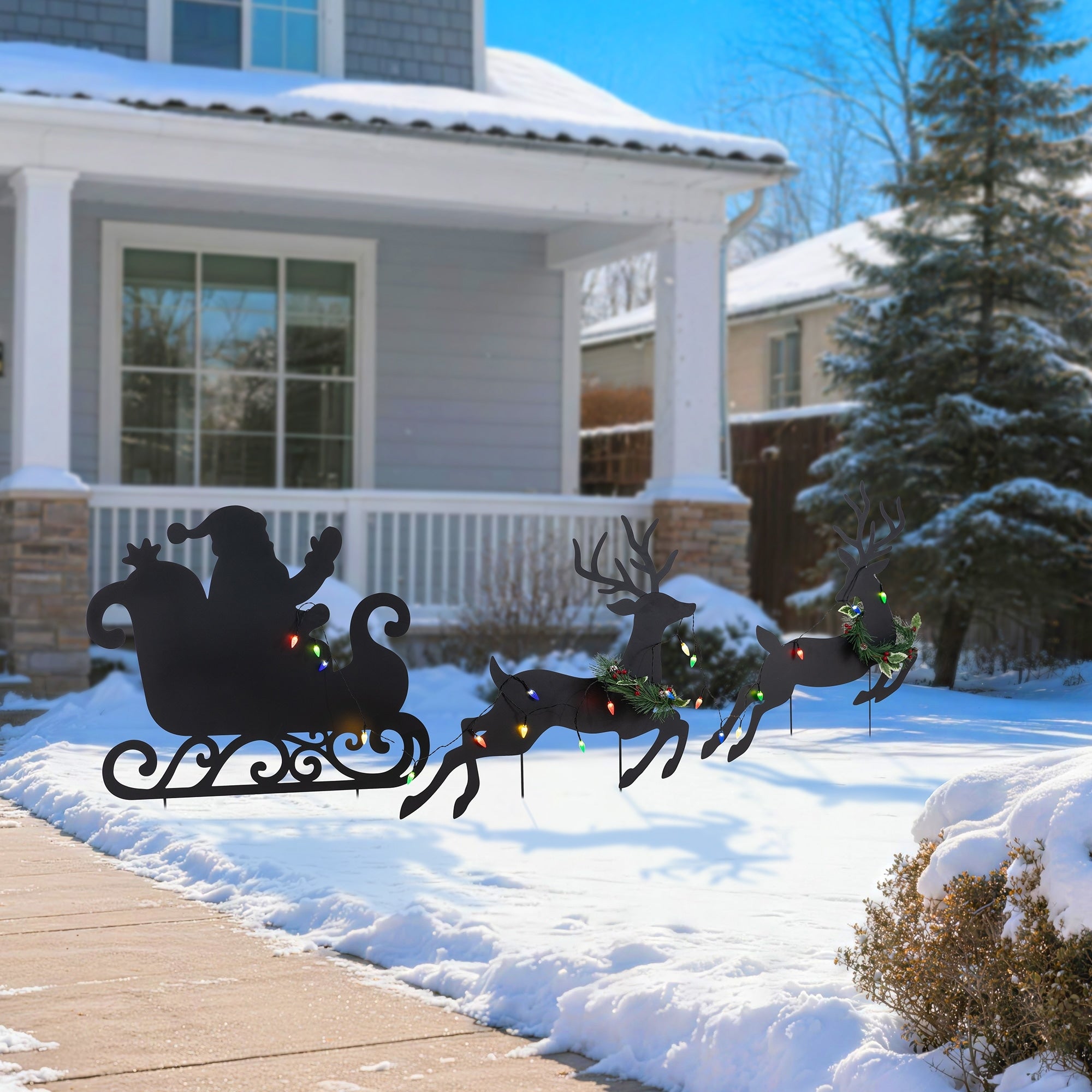 Glitzhome 36 H Set Of 3 Christmas Lighted Metal Silhouette Holy Family Reindeer With Santa Sleigh Yard Stake With Timer
