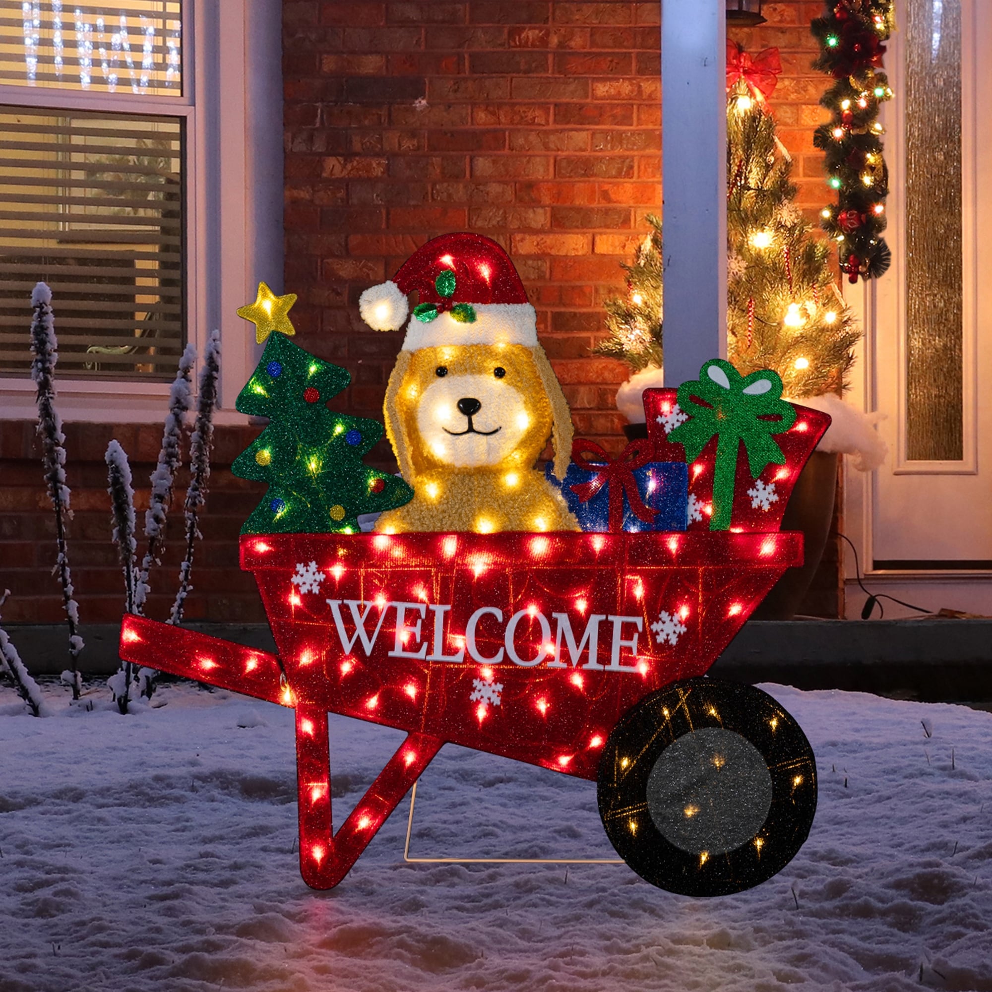 Glitzhome 39.75 L Christmas 2.5D Fabric Labrador Wheel Barrow With 90 Warm White Led Lights