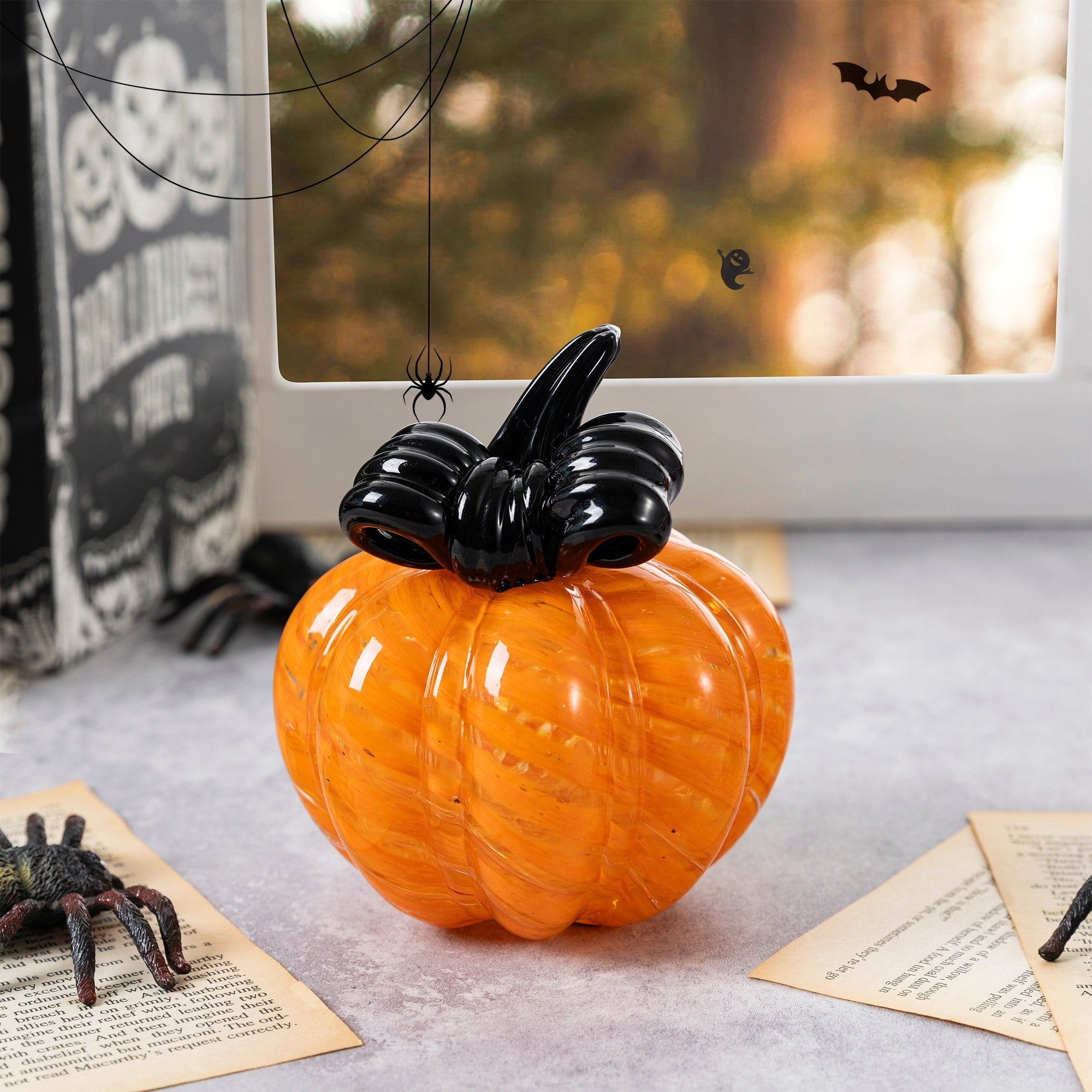 Glitzhome 4.75 H Halloween Striped Glass Pumpkin With Bow