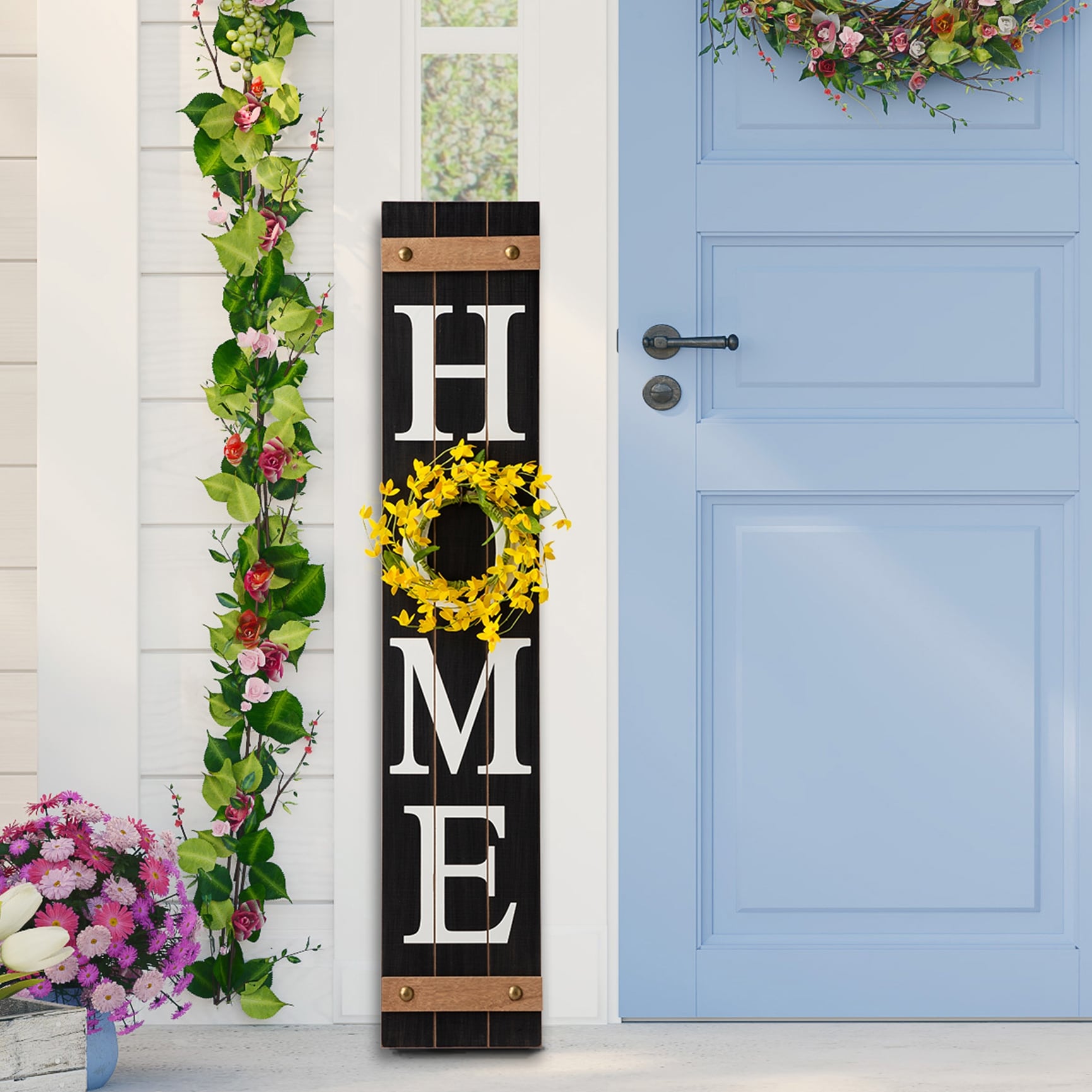 Glitzhome 2 H Wooden Home Floral Porch Sign Set With 3 Changable Floral Wreaths