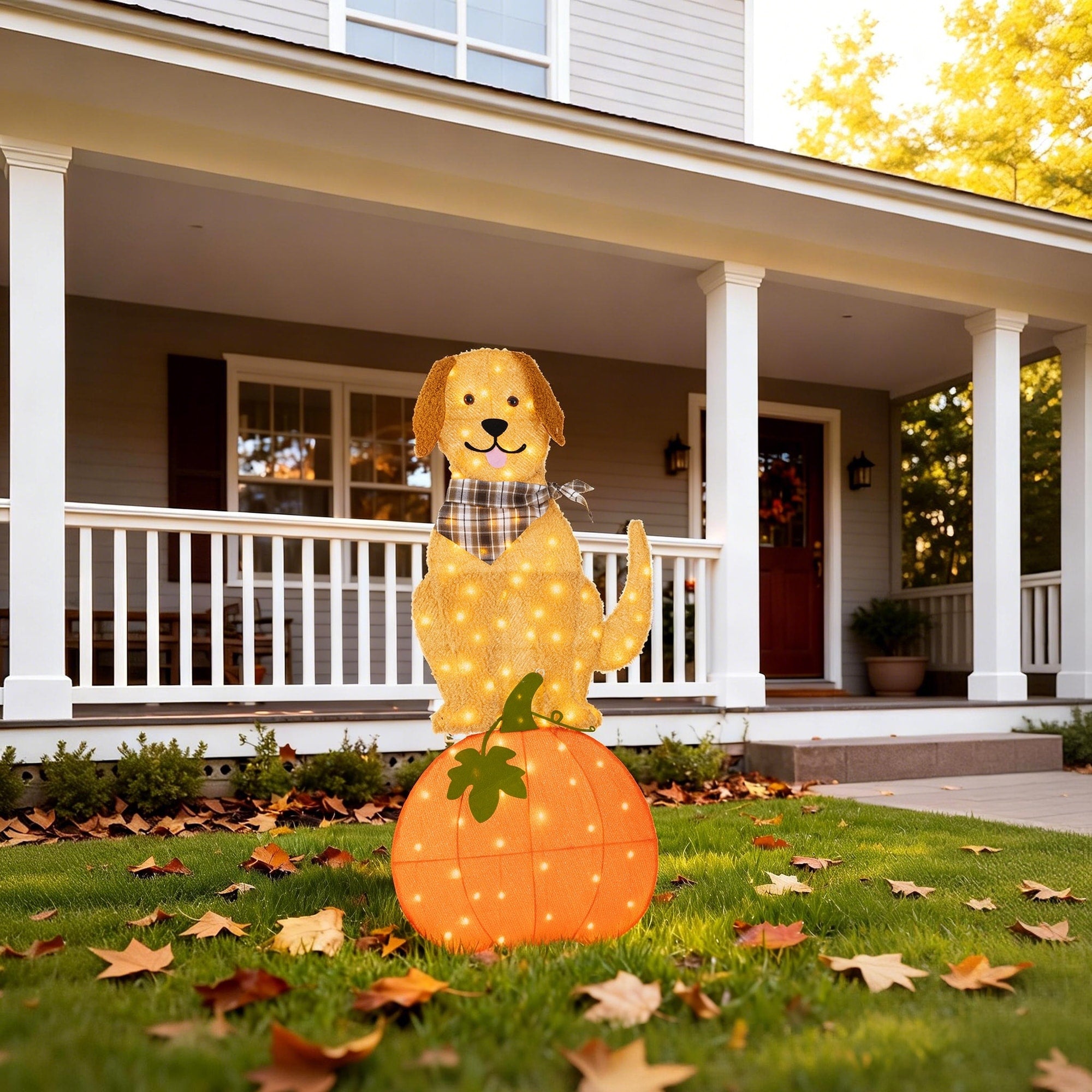Glitzhome 47 H Fall 2.5D Lighted Labrador On Pumpkin Outdoor Decor With 90 Warm White Led Lights 23 L X 2.25 W X 47 H