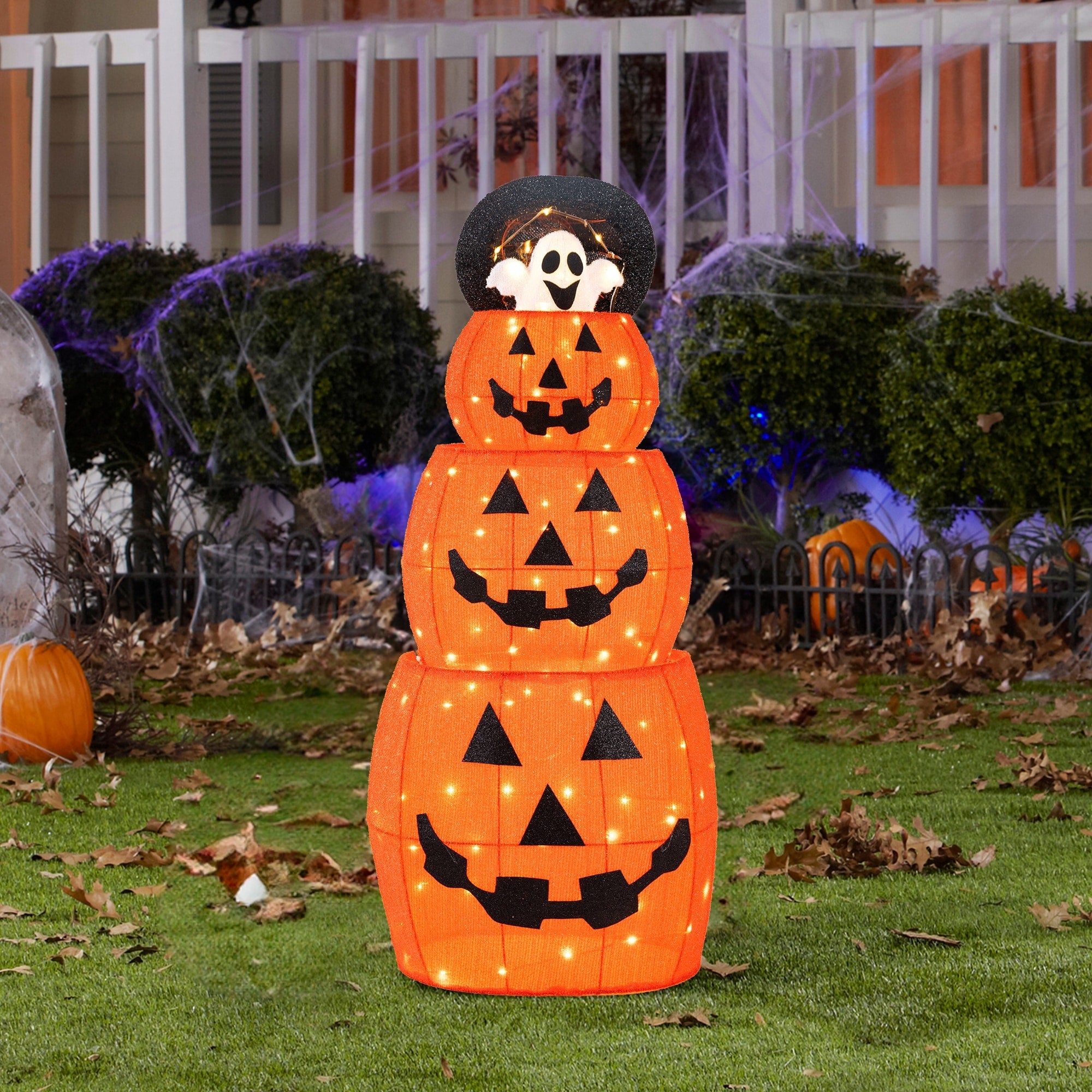 Glitzhome 48 H Lighted Halloween 3D Extendable Fabric Jack O Lantern Outdoor Decor 120 Warm White Led Lights