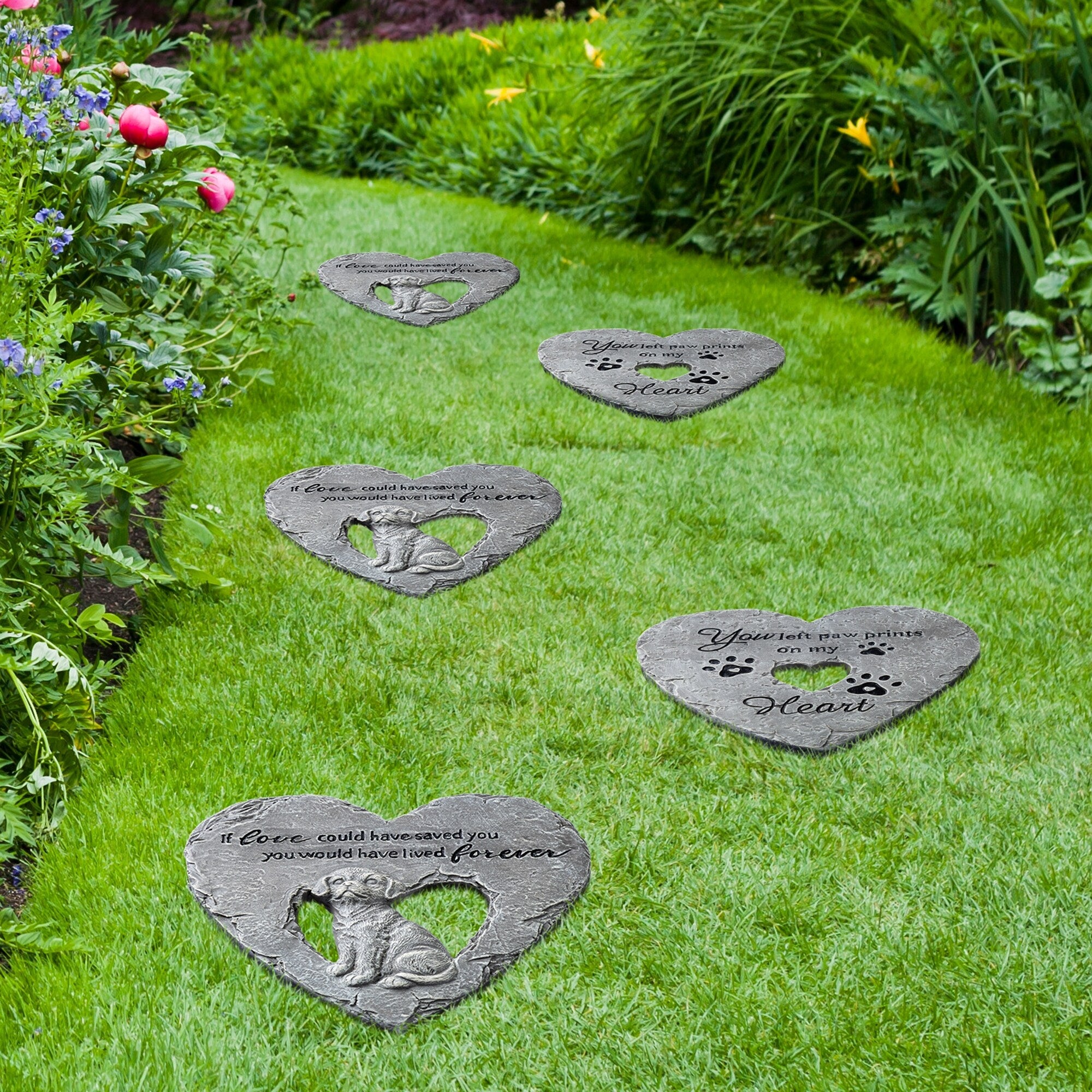 Glitzhome 6 Piece Cement Heart Shaped Paw Prints And Dog Memory Stepping Stones 10 In