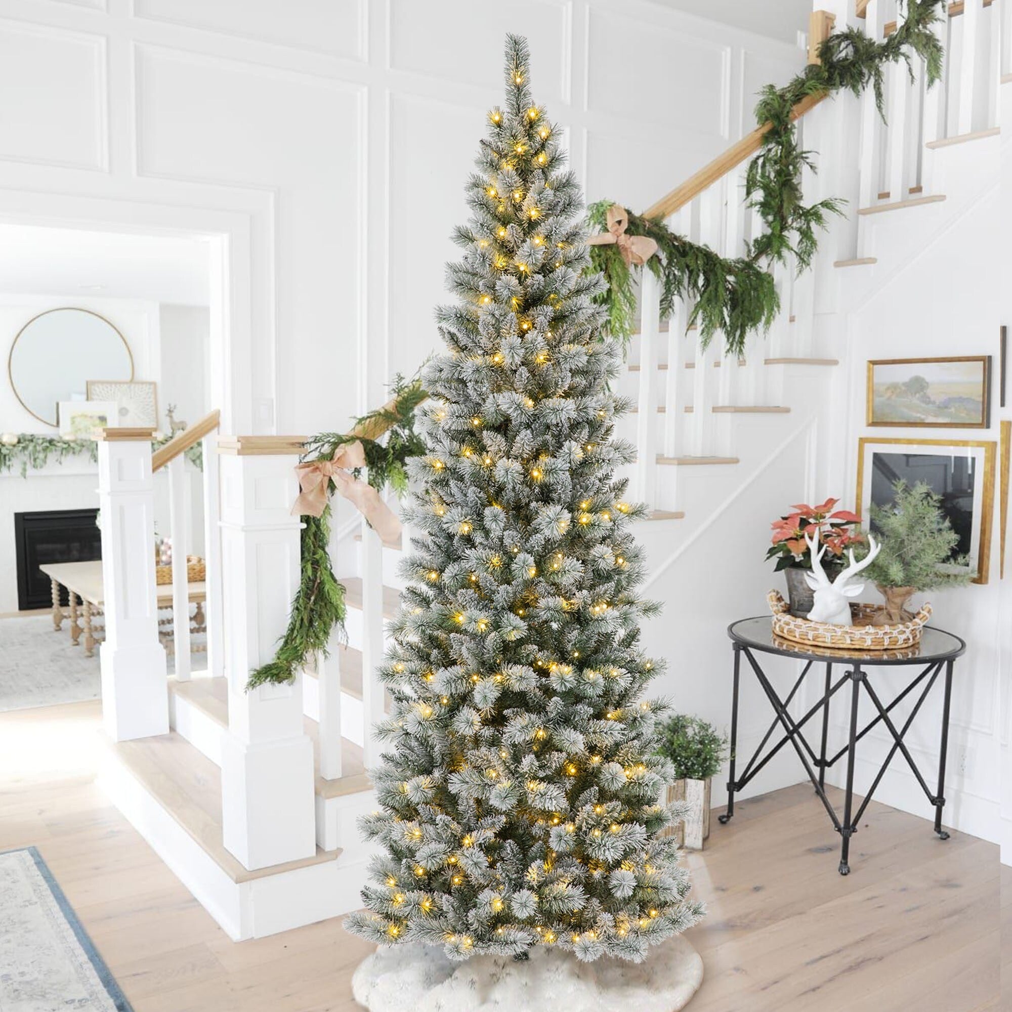 Glizthome Pre Lit Snow Flocked Artificial Spruce Christmas Tree With Warm White Lights