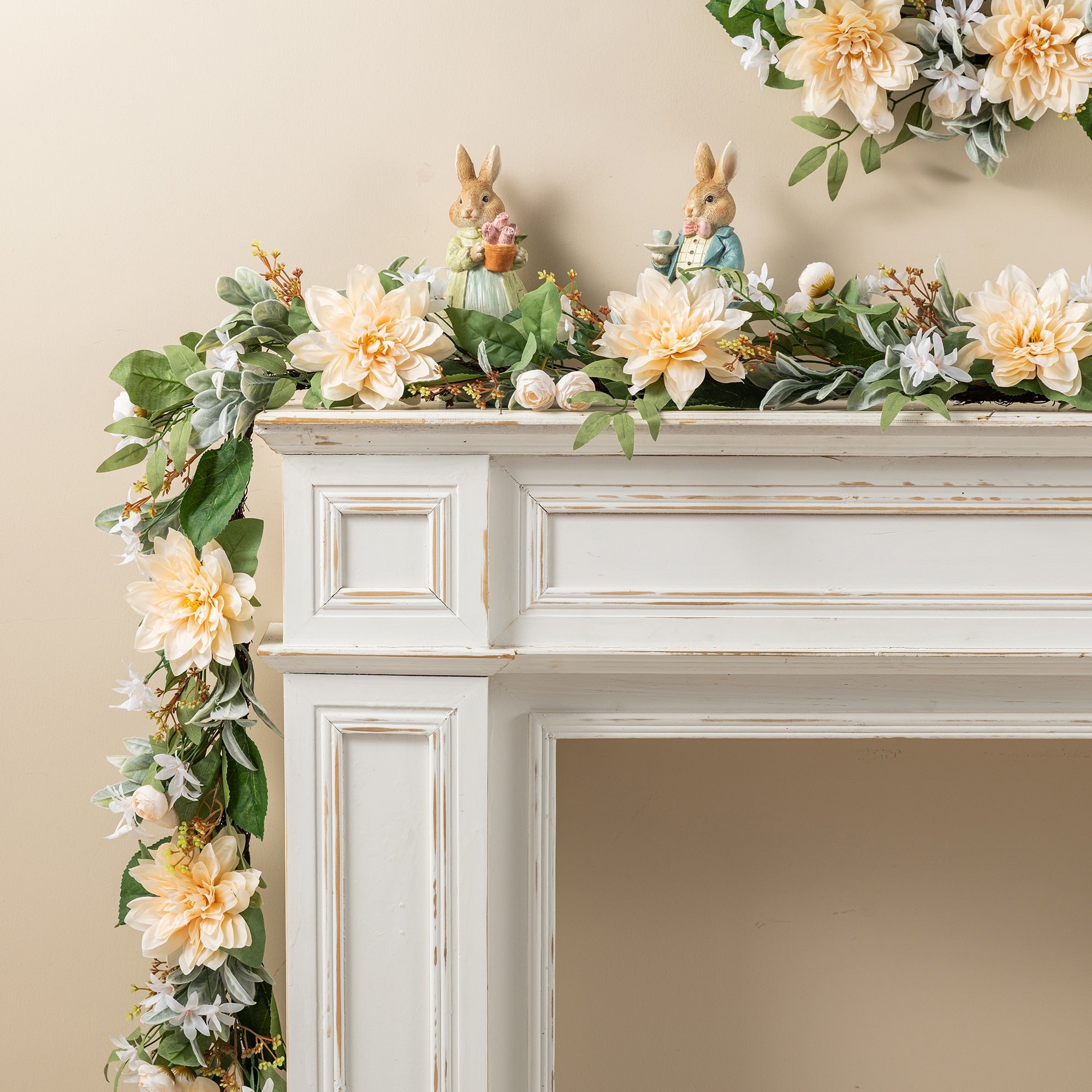 Glitzhome 6Ft Artificial Floral Garland Peach Dahlia Mixed Heather Pink Hydrangea Peony Cherry