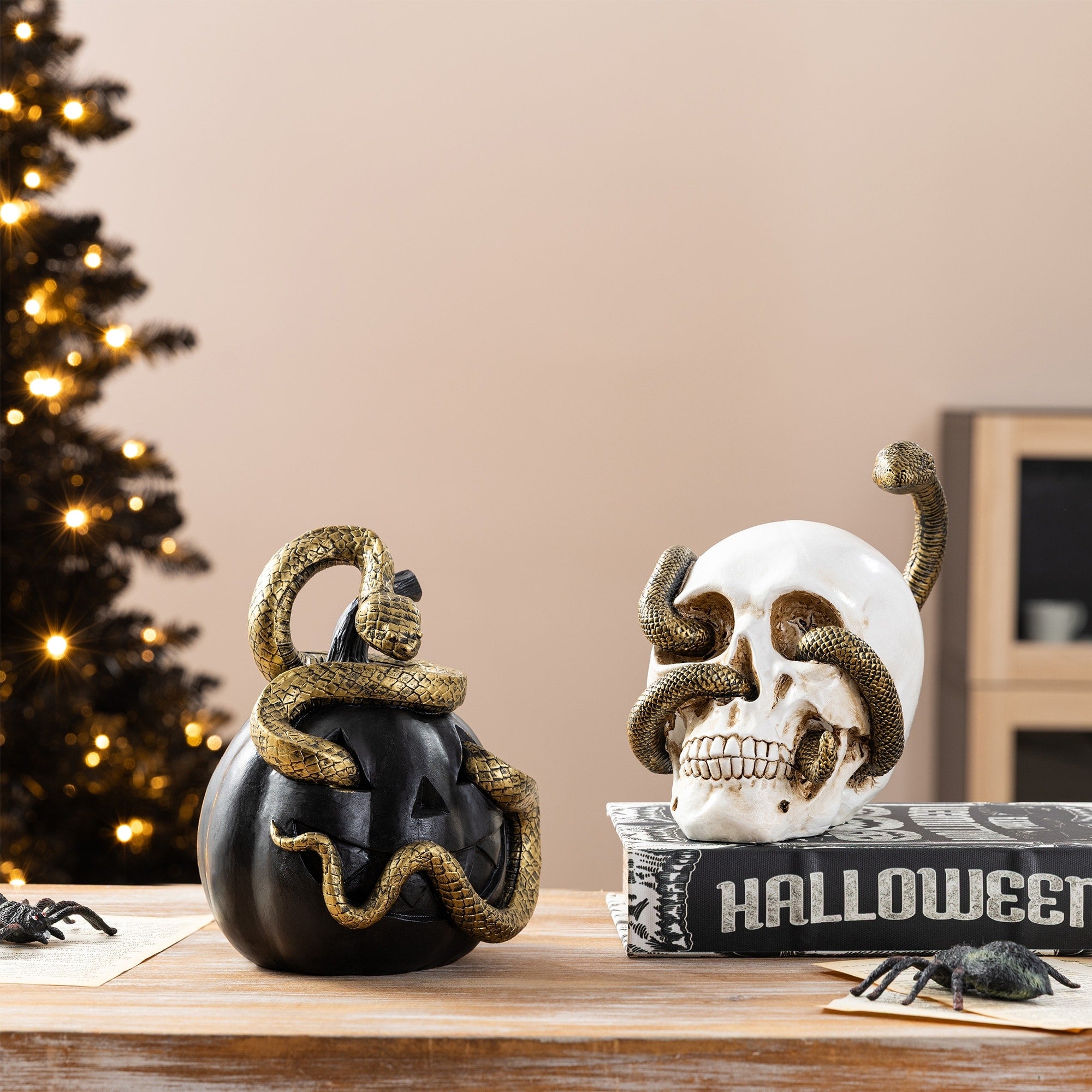 Glitzhome 7 H Set Of 2 Halloween Polyresin Jol And Skull With Snake Table Decor
