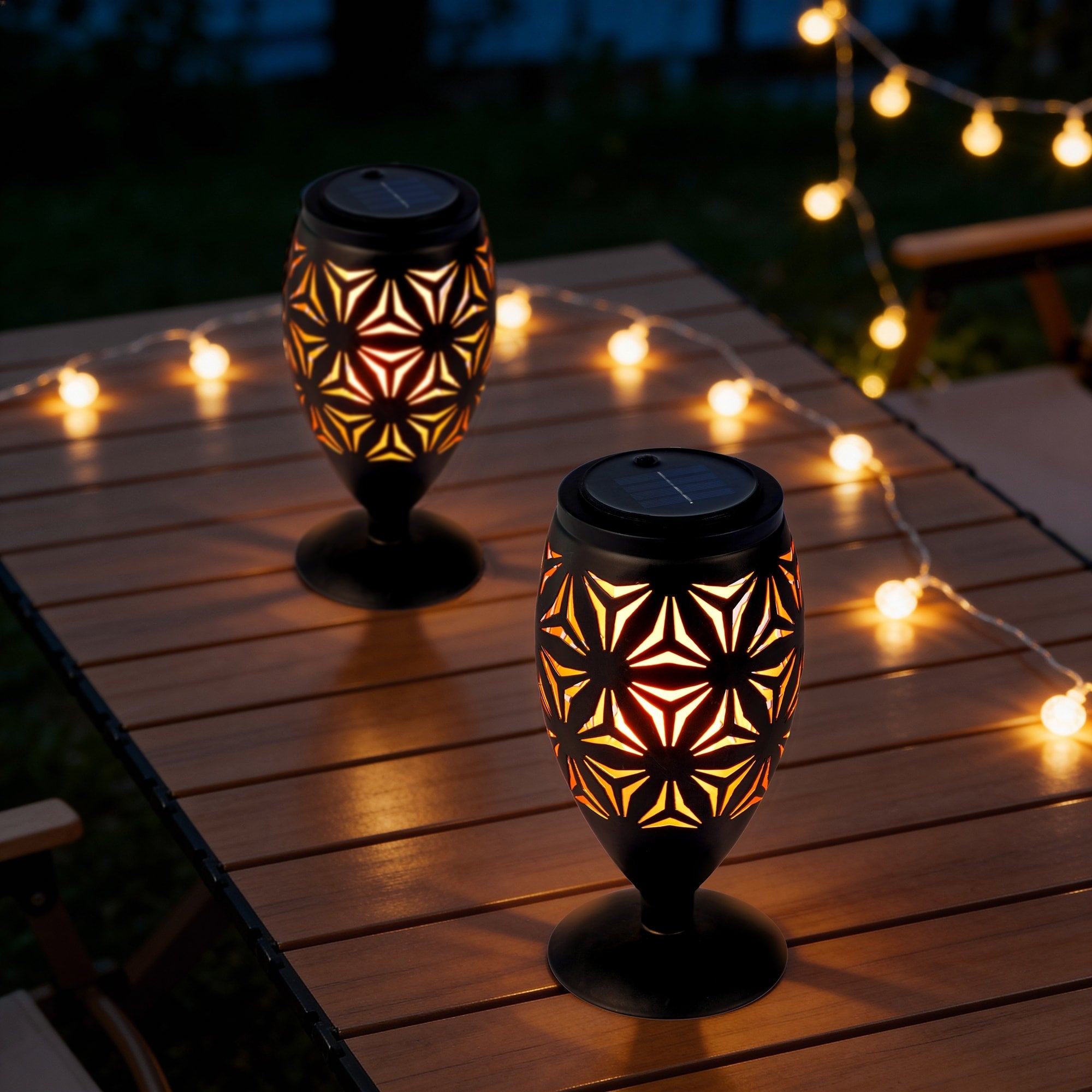 Glitzhome 8.75 H Set Of 2 Black Metal Cutout Geometric Pattern Solar Powered Outdoor Lantern With Led Light