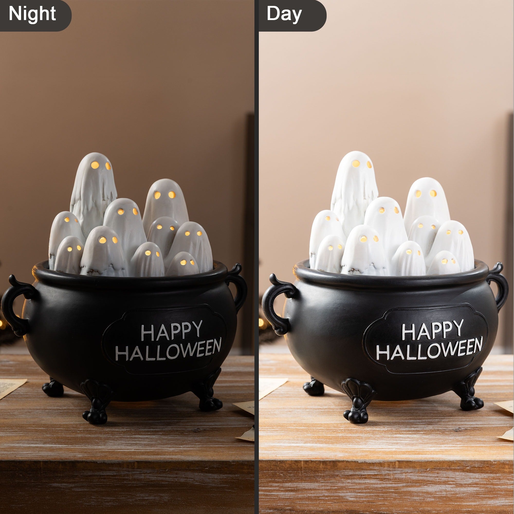 Glitzhome 9 L Halloween Lighted Polyresin Ghosts In Cauldron Table Decor With Timer