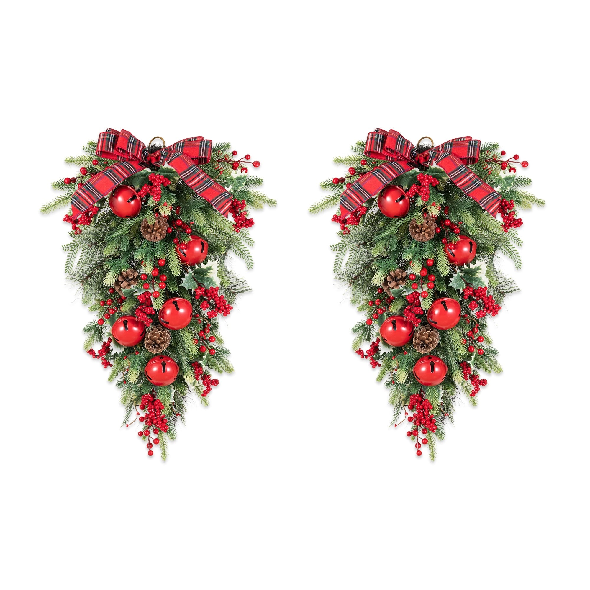 Glitzhome Christmas Bell Pinecone Berry Bow Garland Wreath Teardrop