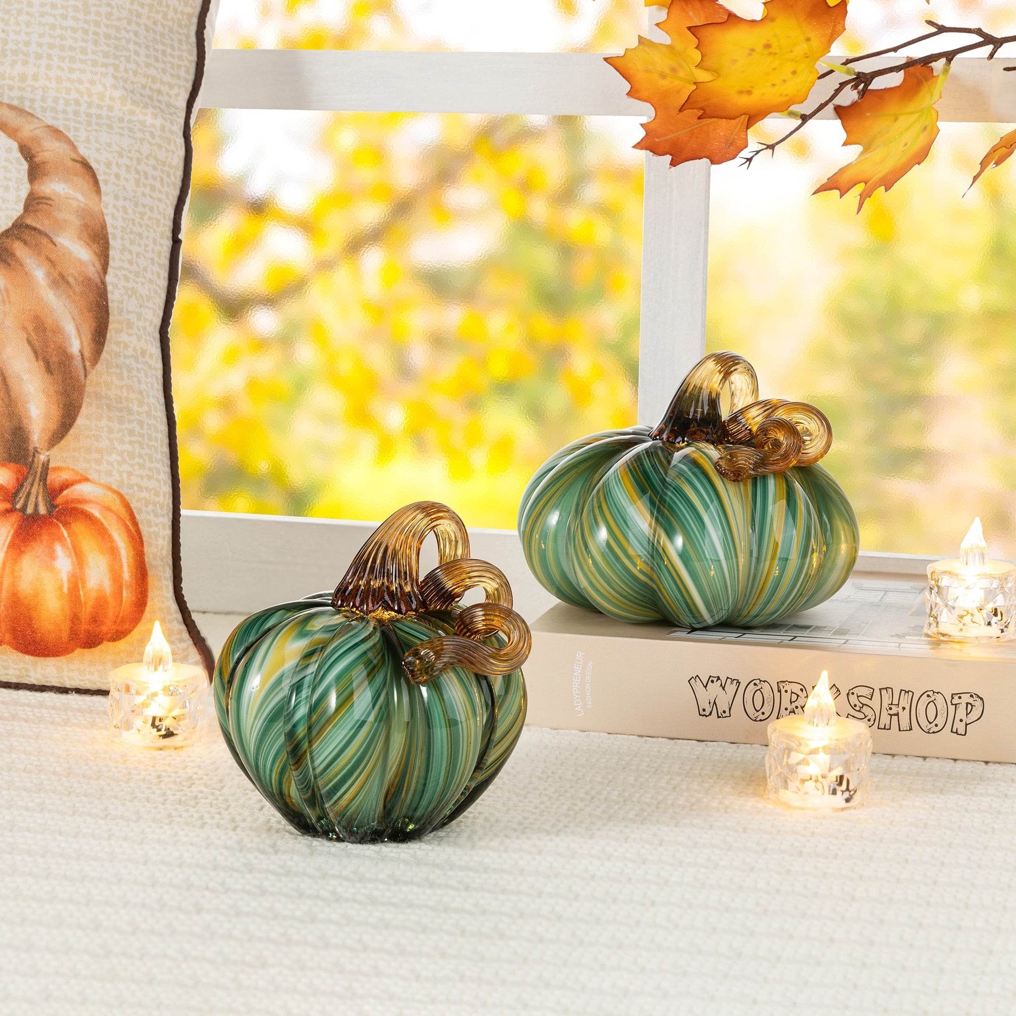 Glitzhome Fall Thanksgiving Multi Brown Green Striped Glass Pumpkin Gourd