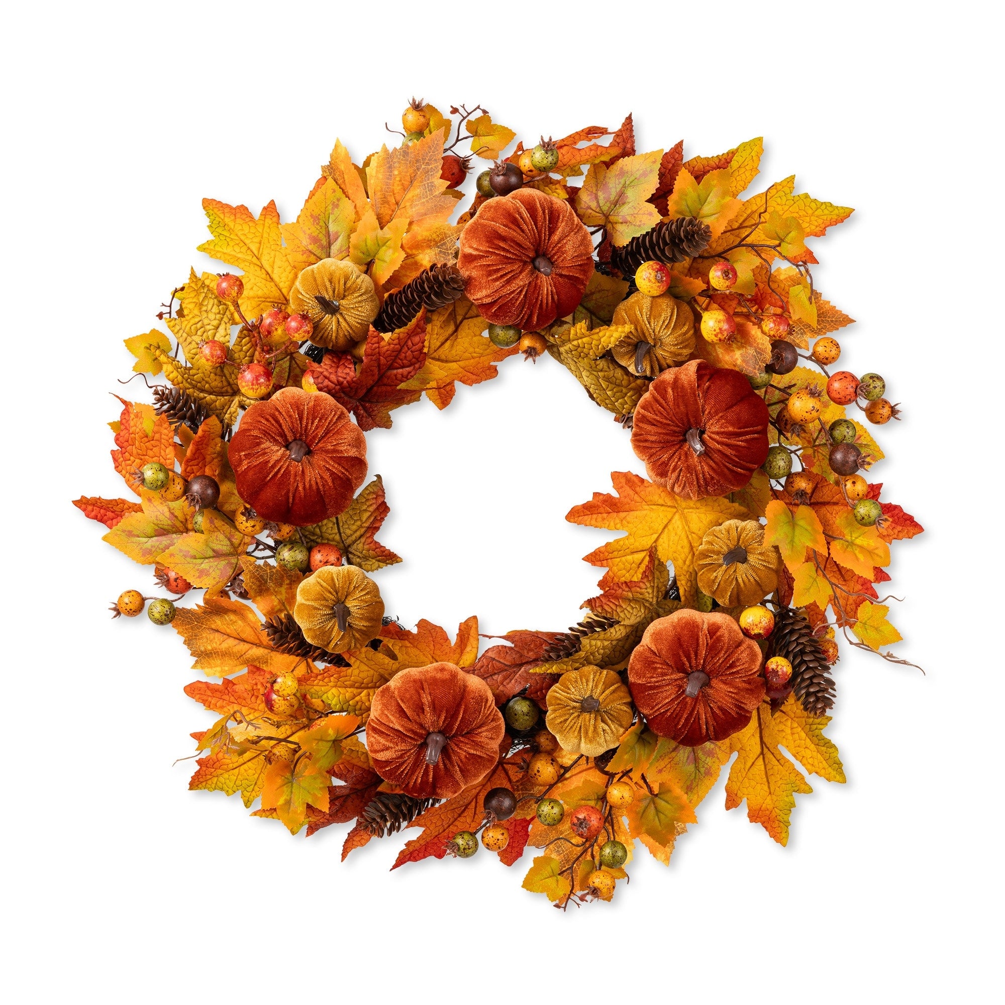 Glitzhome Fall Velvet Pumpkin Pinecone Berry Wreath Garland Teardrop