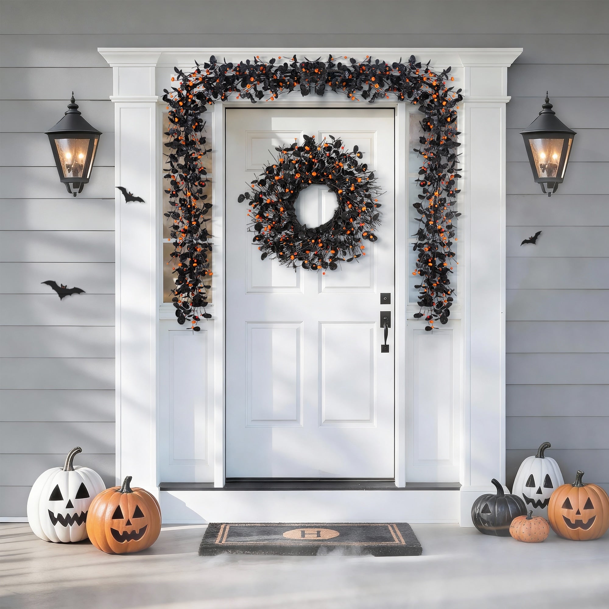 Glitzhome Halloween Eucalyptus Pumpkin Bat Garland Wreath