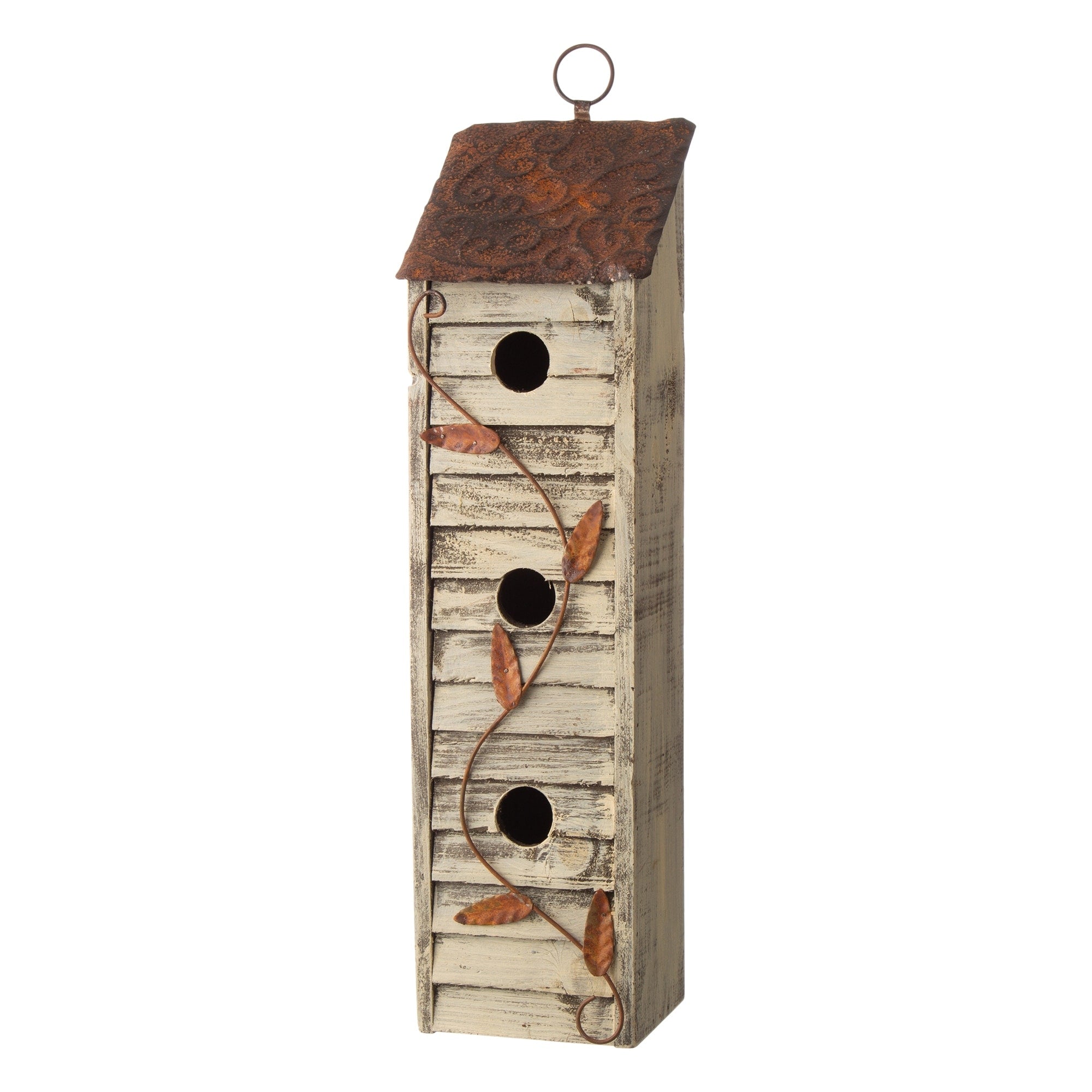 Glitzhome 14.45 H Hanging Two Tiered Distressed Solid Wood Birdhouse With Flowers