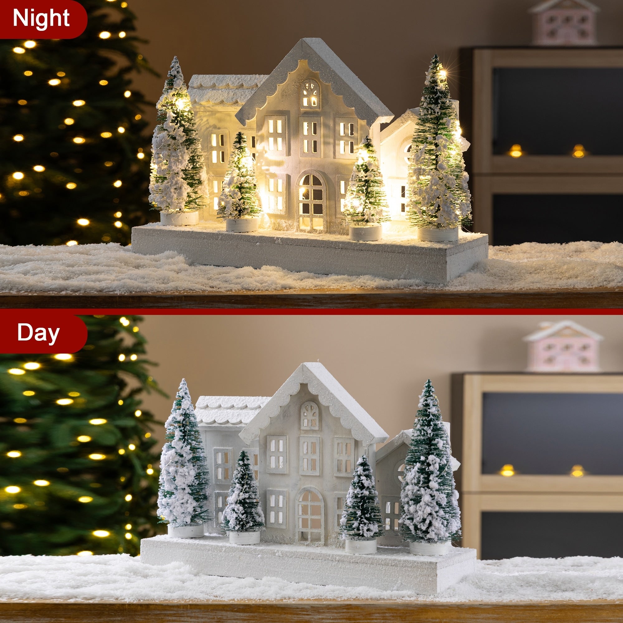 Glitzhome Lighted Christmas Wooden Snowed Villages Table Decor With Timer