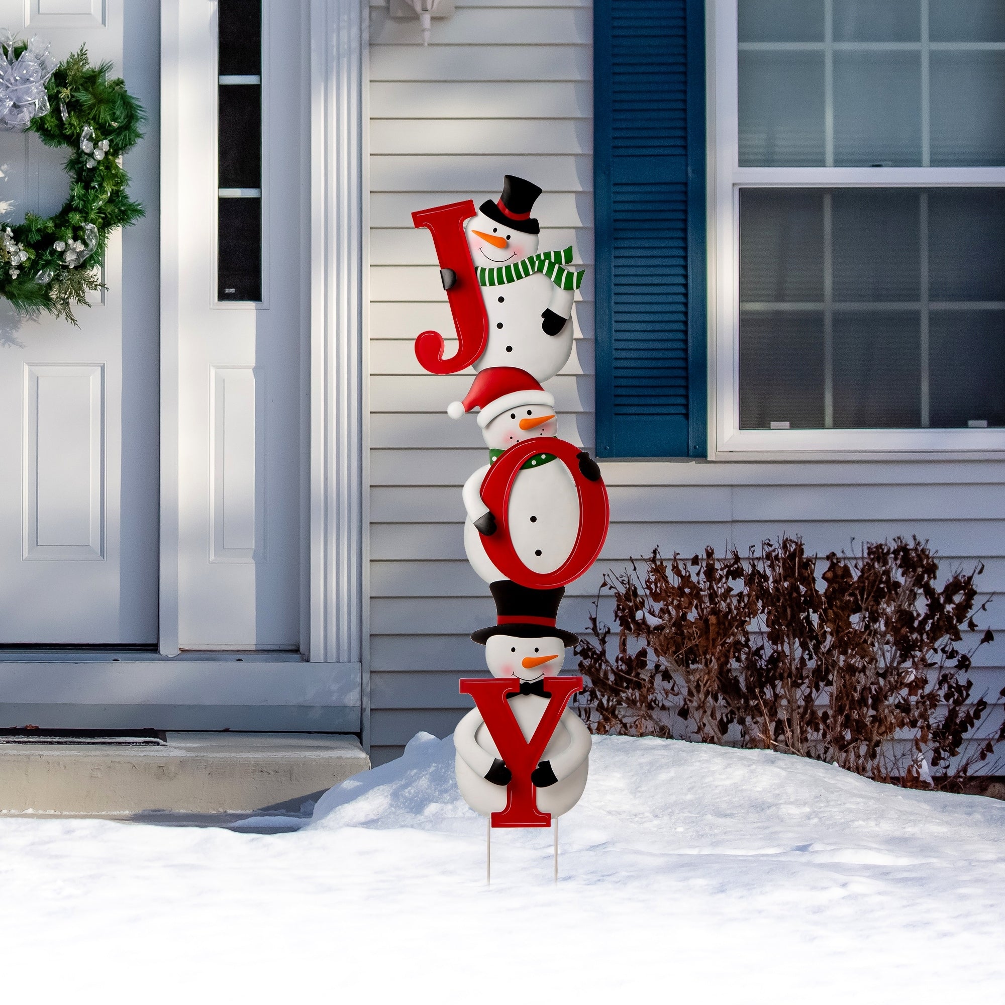 48 H Metal Vertical Joy Snowman Yard Stake Or Horizontal Snowmen Family Stake