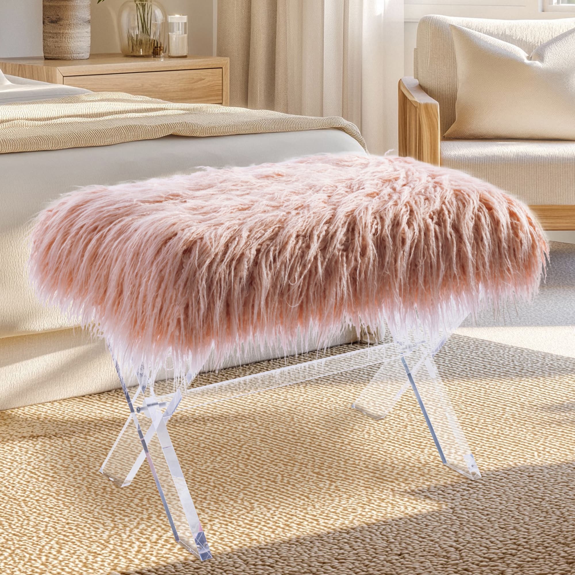 Glitzhome Faux Fur Acrylic Bench