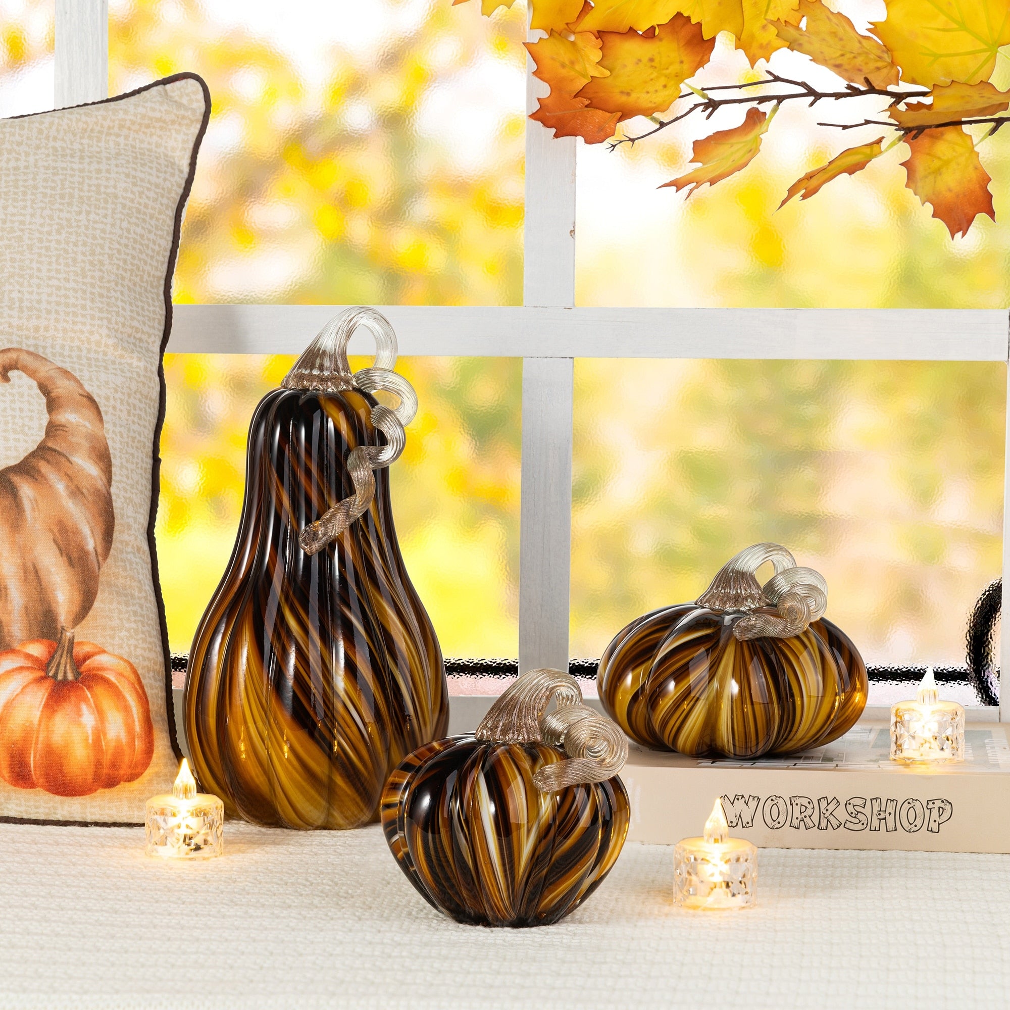 Glitzhome Blue Gold Glittery Glass Pumpkin
