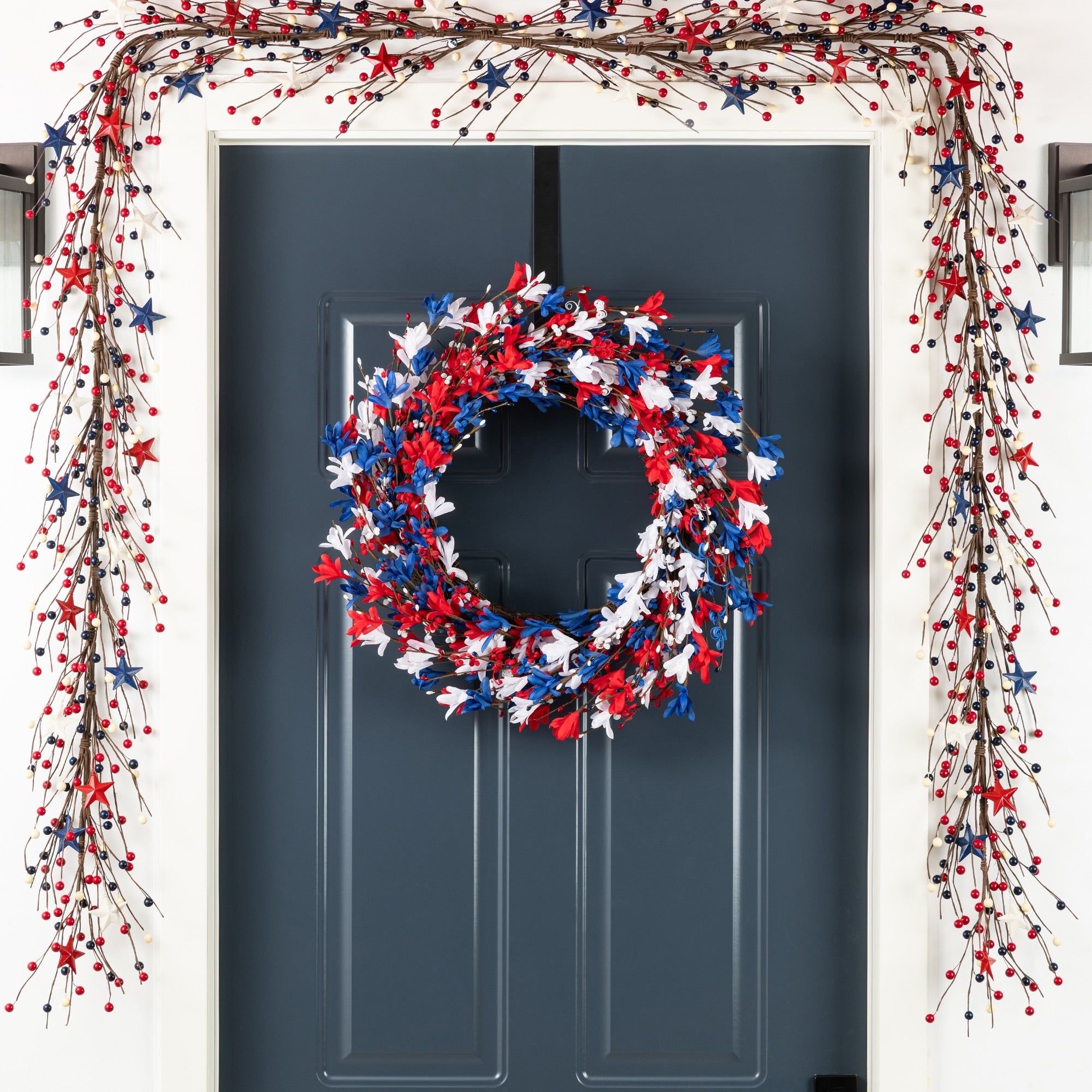 Glitzhome Patriotic Americana Red White Blue Floral Wreath Or Stars Berry Garland