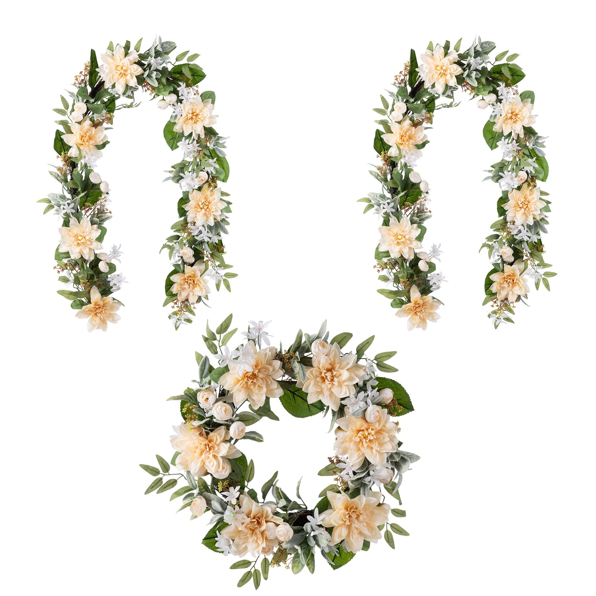 Glitzhome Peach Dahlia Floral Wreath Teardrop Garland