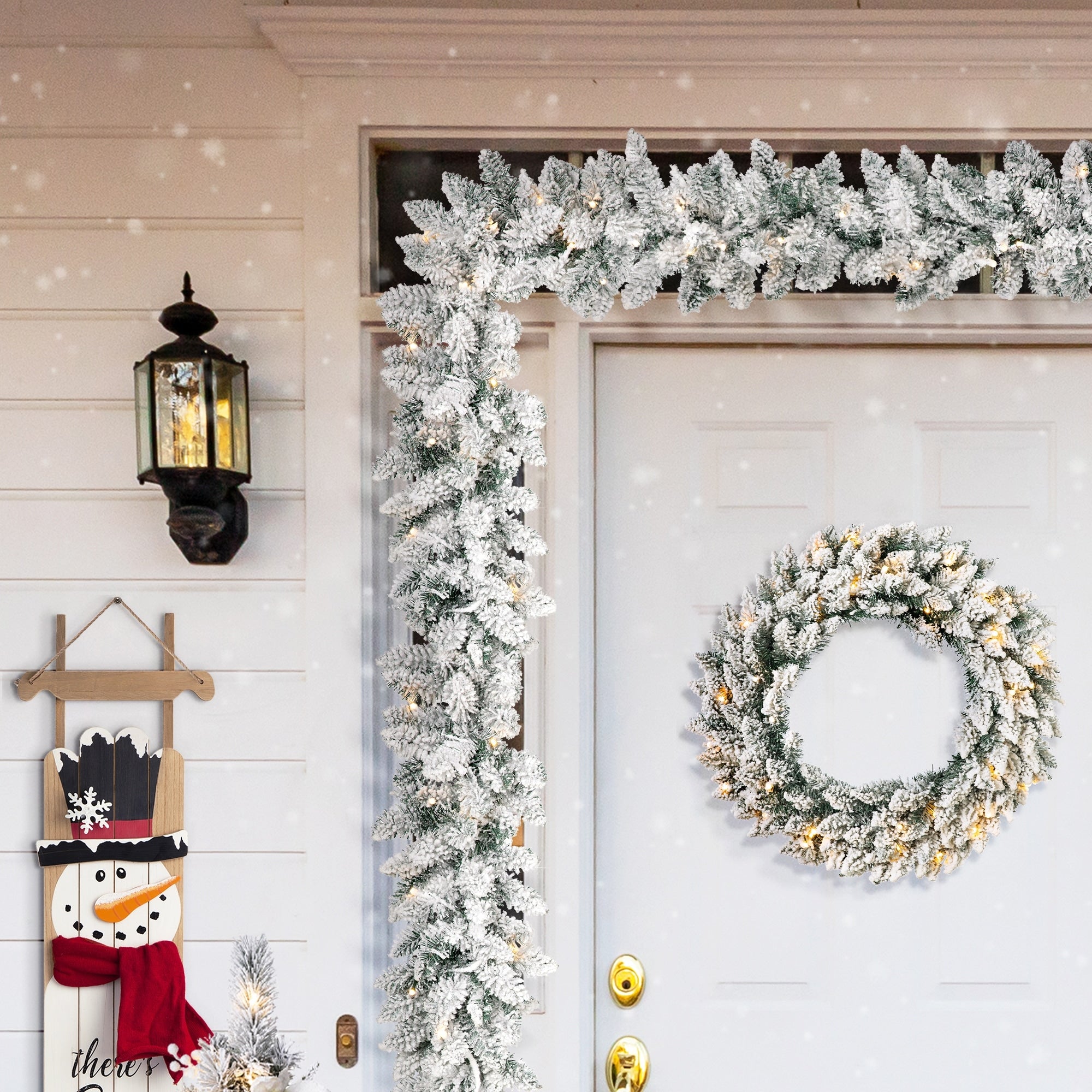 Glitzhome Pre Lit Snow Flocked Christmas Wreath With Warm White Led Light