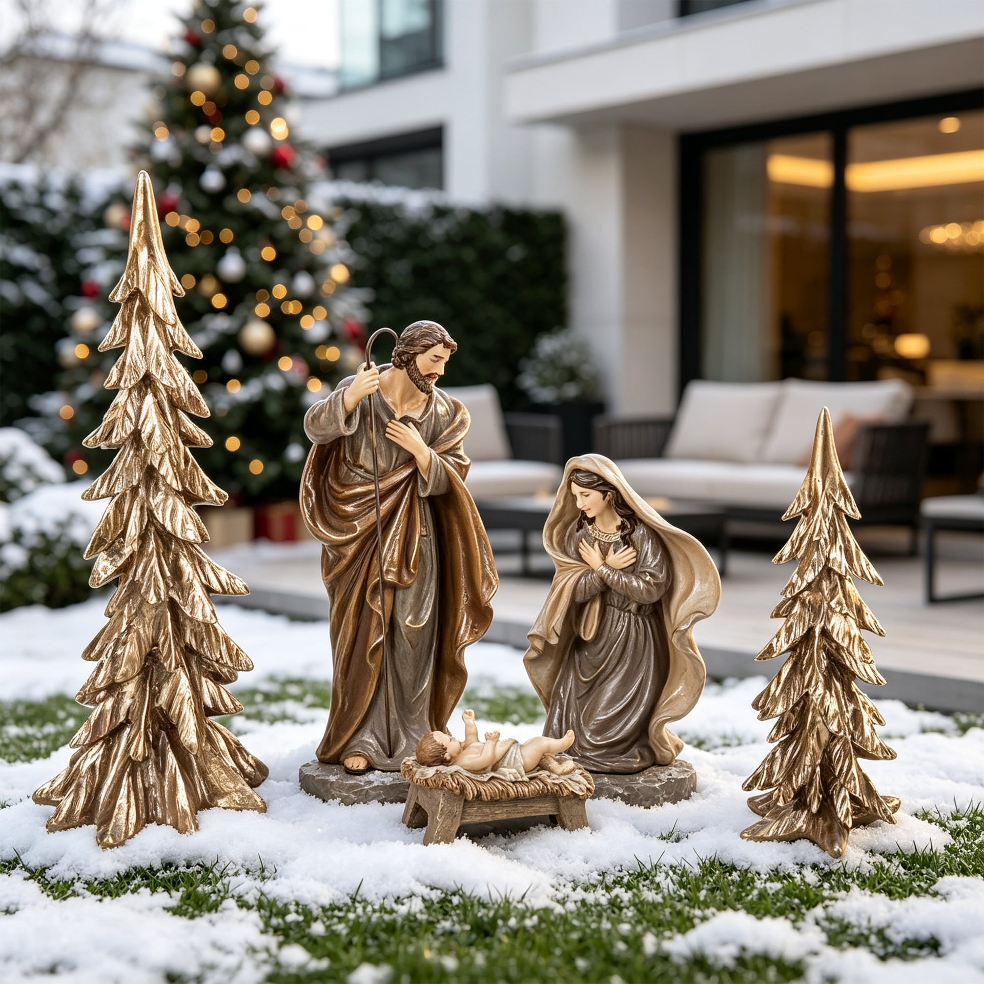 Glitzhome S 5 Brown Resin Holy Family With Christmas Trees 5 Pcs