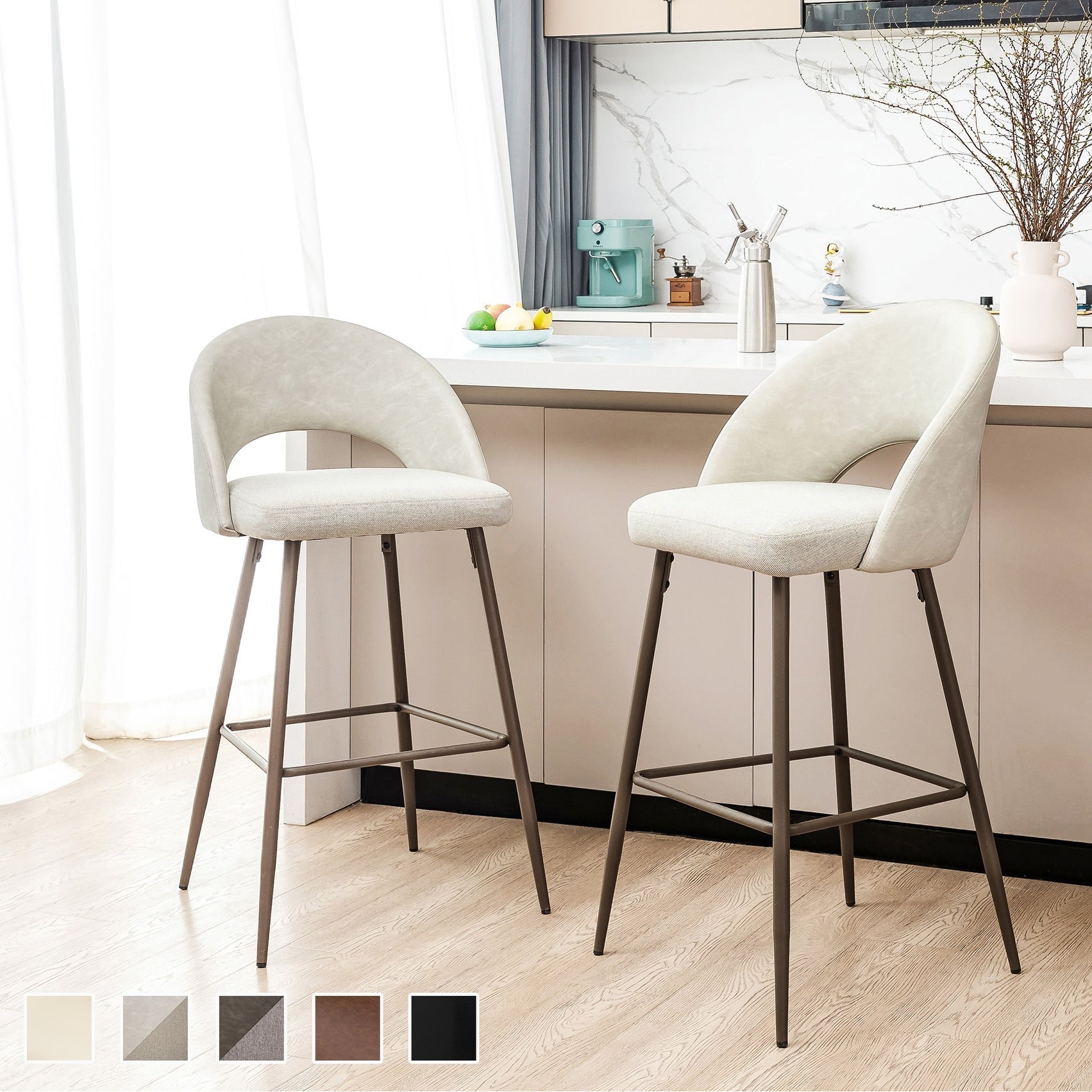 Glitzhome Set Of 2 Grey Mixing Fabic And Leatherette Bar Stool With Tapered Metal Legs