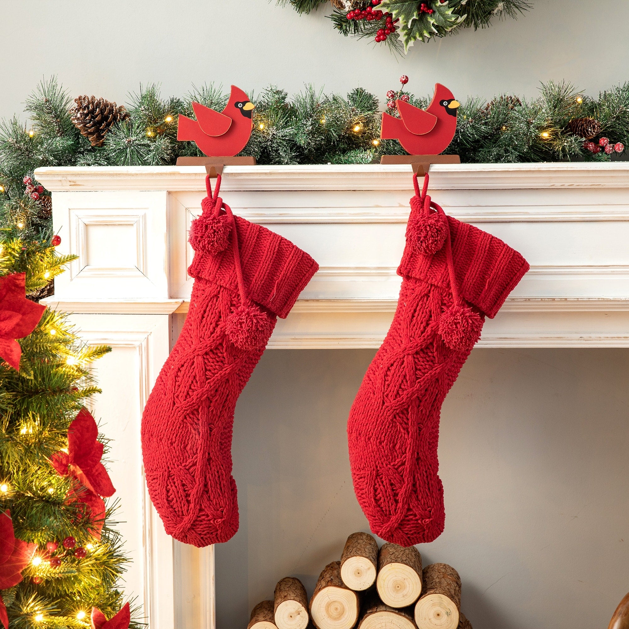 Glitzhome Set Of 2 Knitted Polyester Christmas Stocking Red White