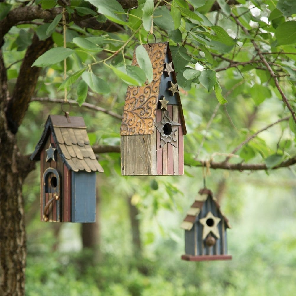 Glitzhome Wooden Patriotic Distressed Garden Bird House With Stars