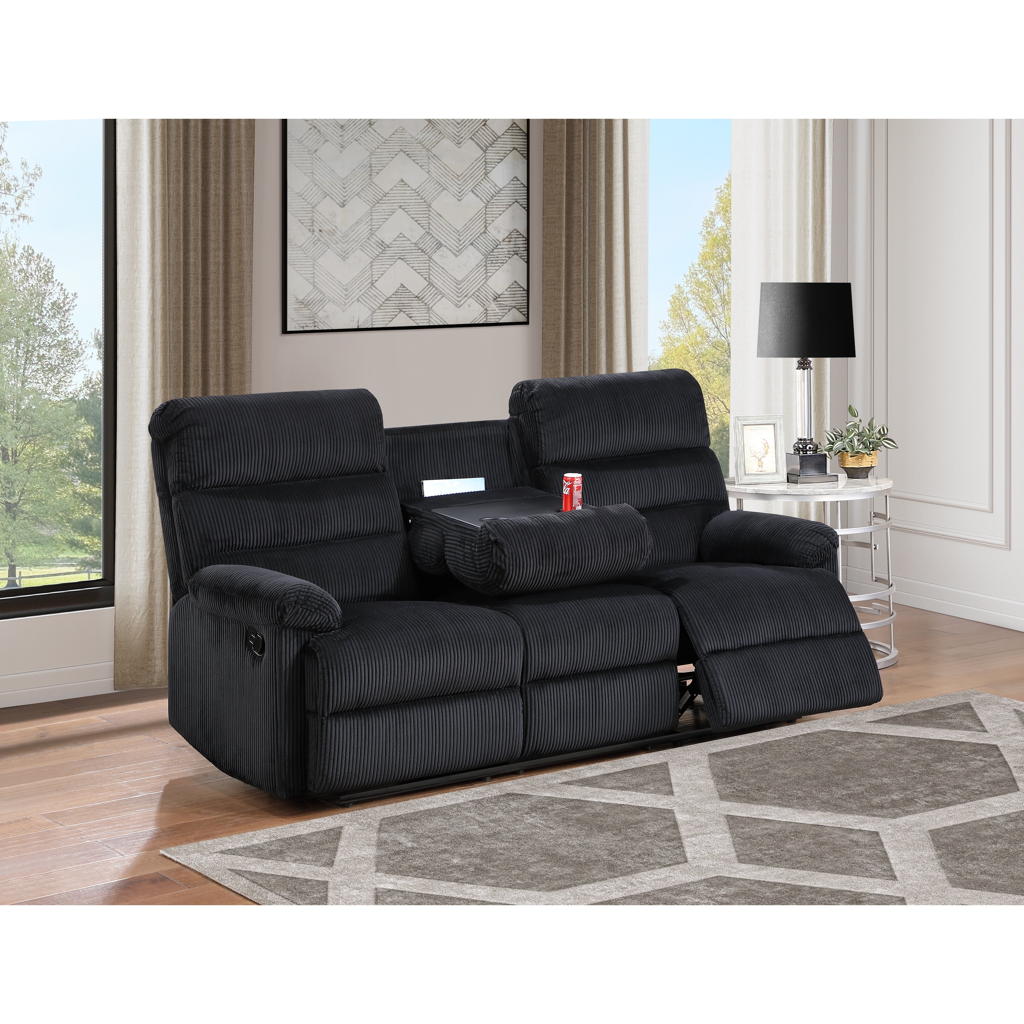 Glory Furniture Thaddeus Velvet Corded Fabric Sofa With Cup Holders