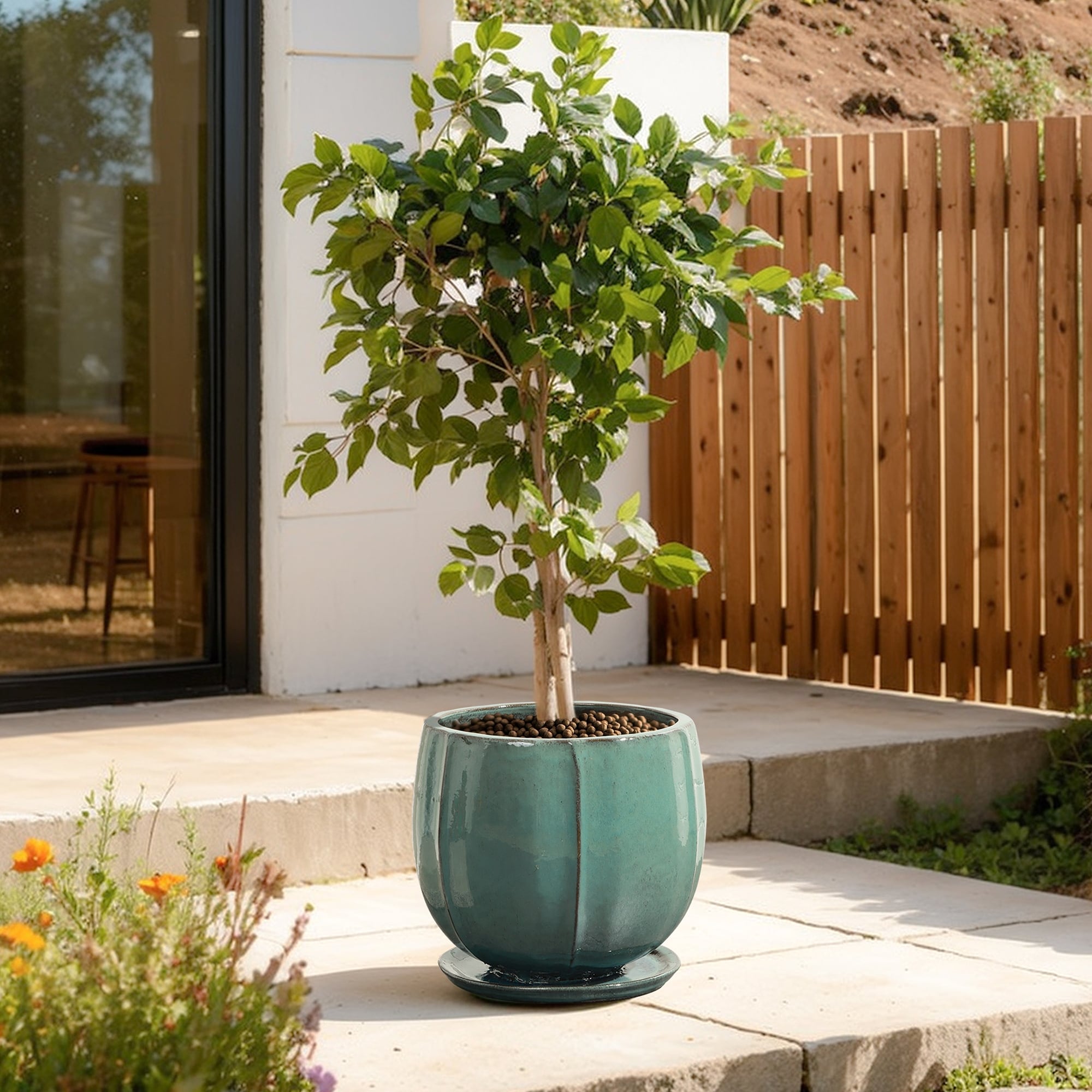Glossy Gradient Teal Ceramic Planter Round Pot With Connected Tray