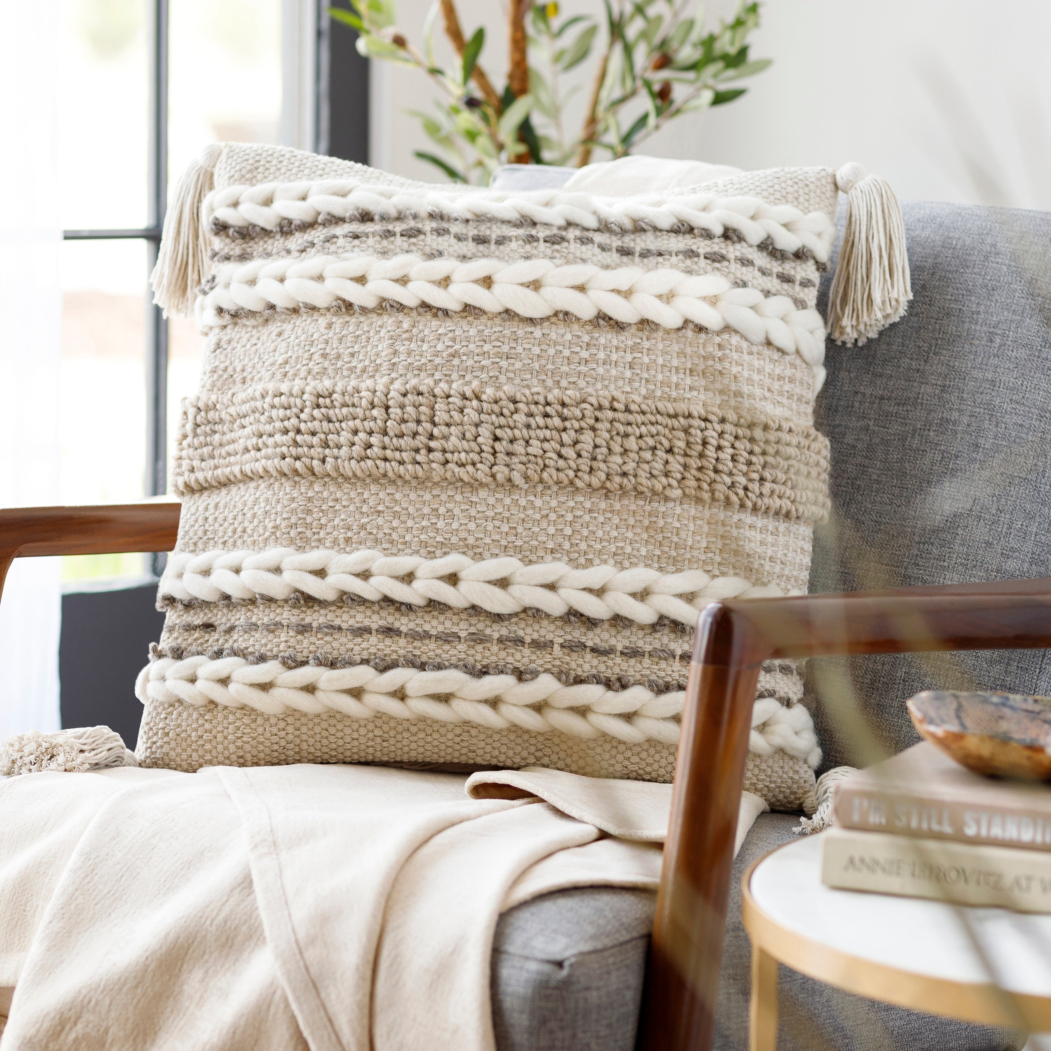 Goa Taupe Bohemian Tassel Wool Throw Pillow Cover 20 X 20