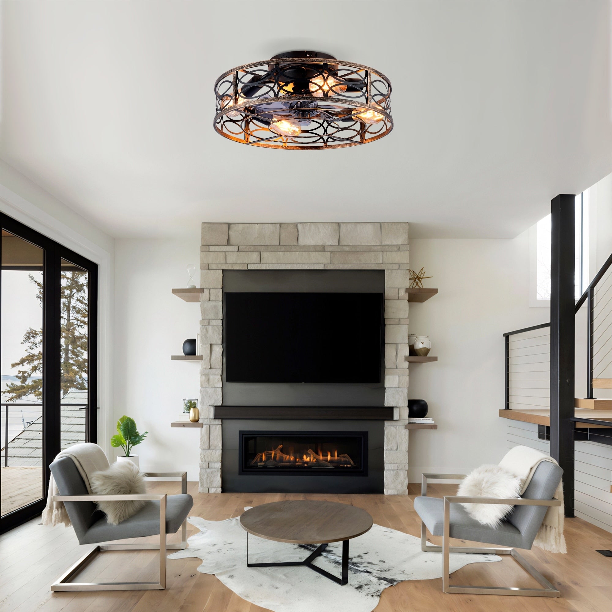 Gold Bronze Caged Ceiling Fan With Light And Remote Without Bulbs