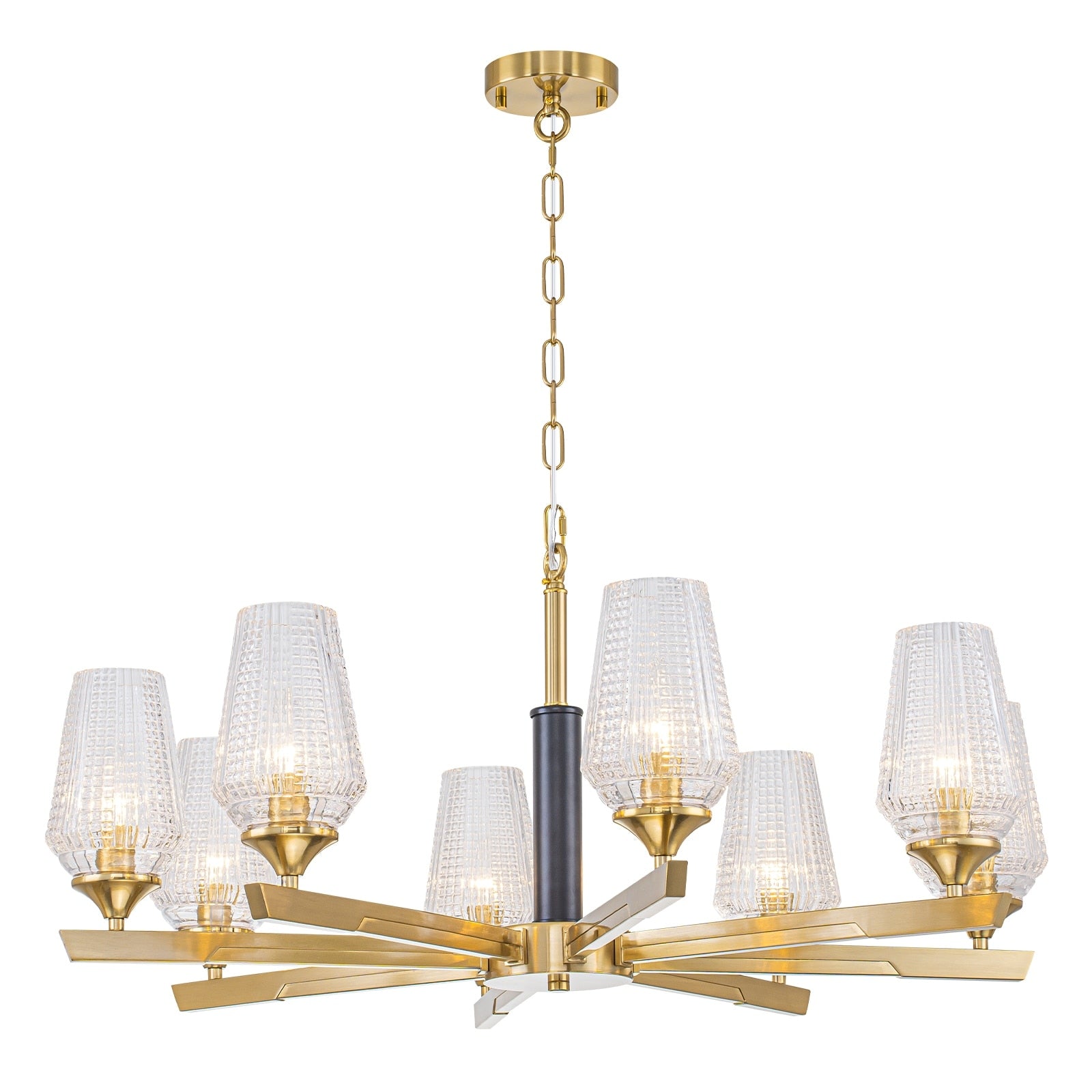 Gold Chandelier Ribbed Glass Shades Modern Dining Room Pendant Light