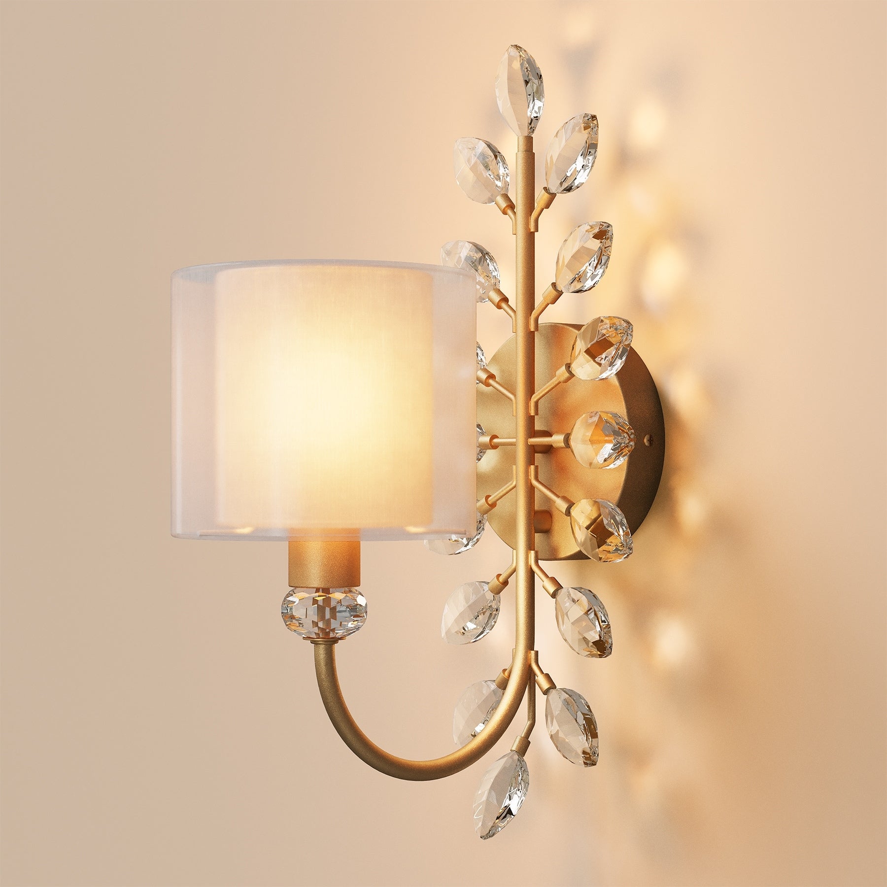 Gold Crystal Leaf 1 Light Bathroom Wall Sconce With Fabric Shade