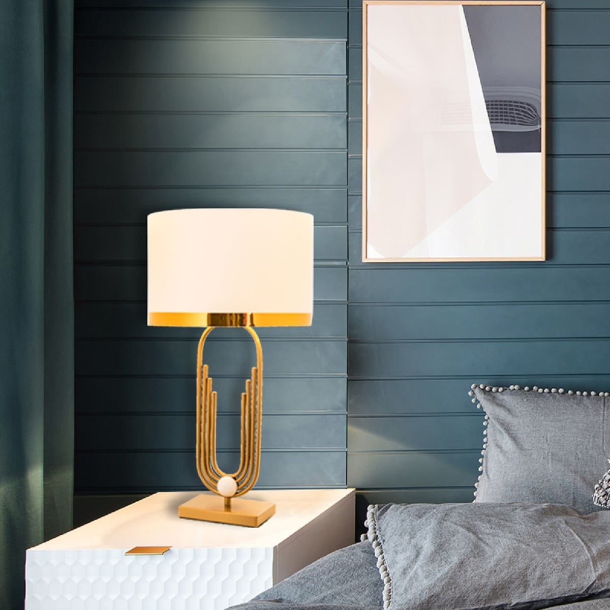 Gold Metal Frame White Linen Drum Shade Table Lamp